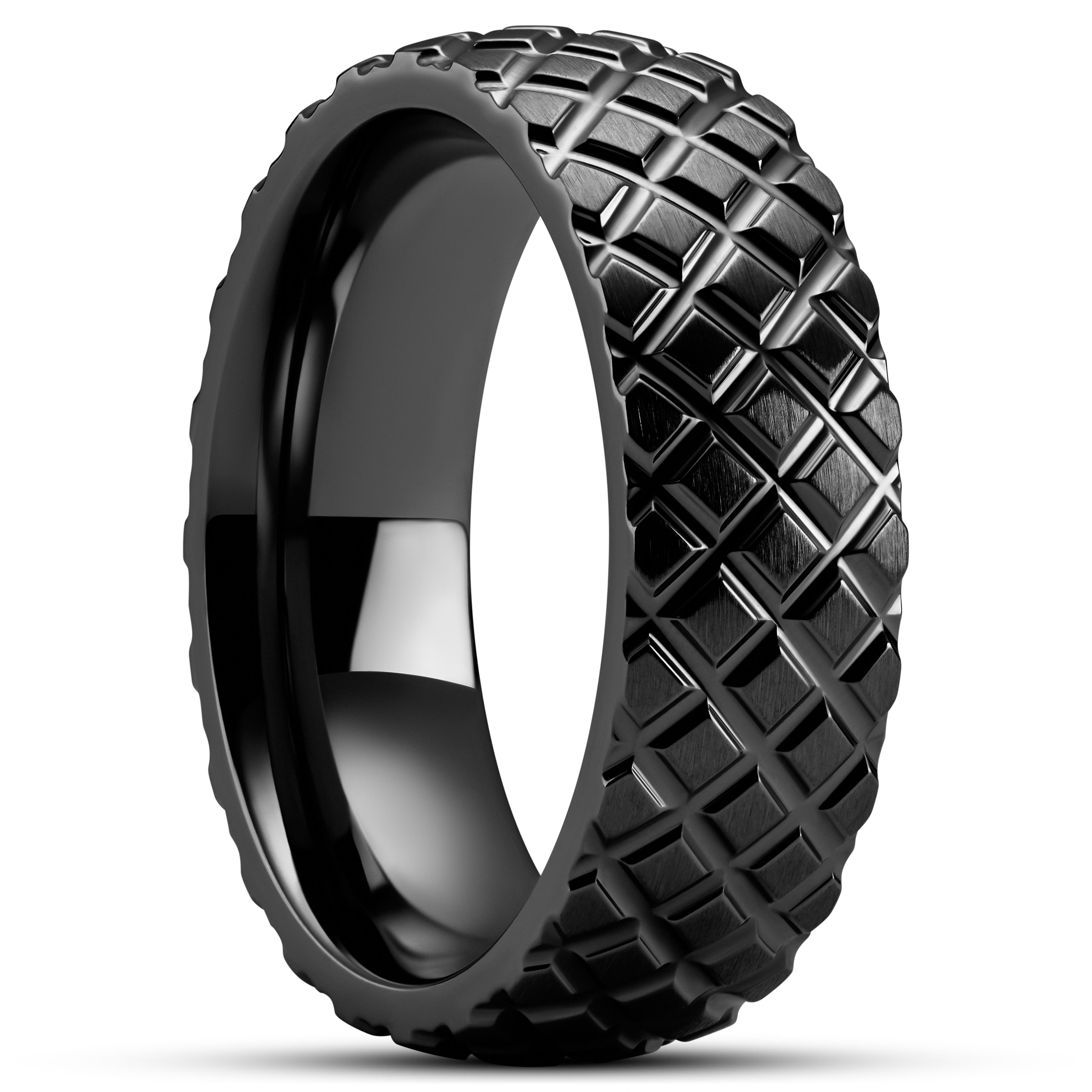 Hyperan | Anillo de titanio negro con textura de neumático de 8 mm