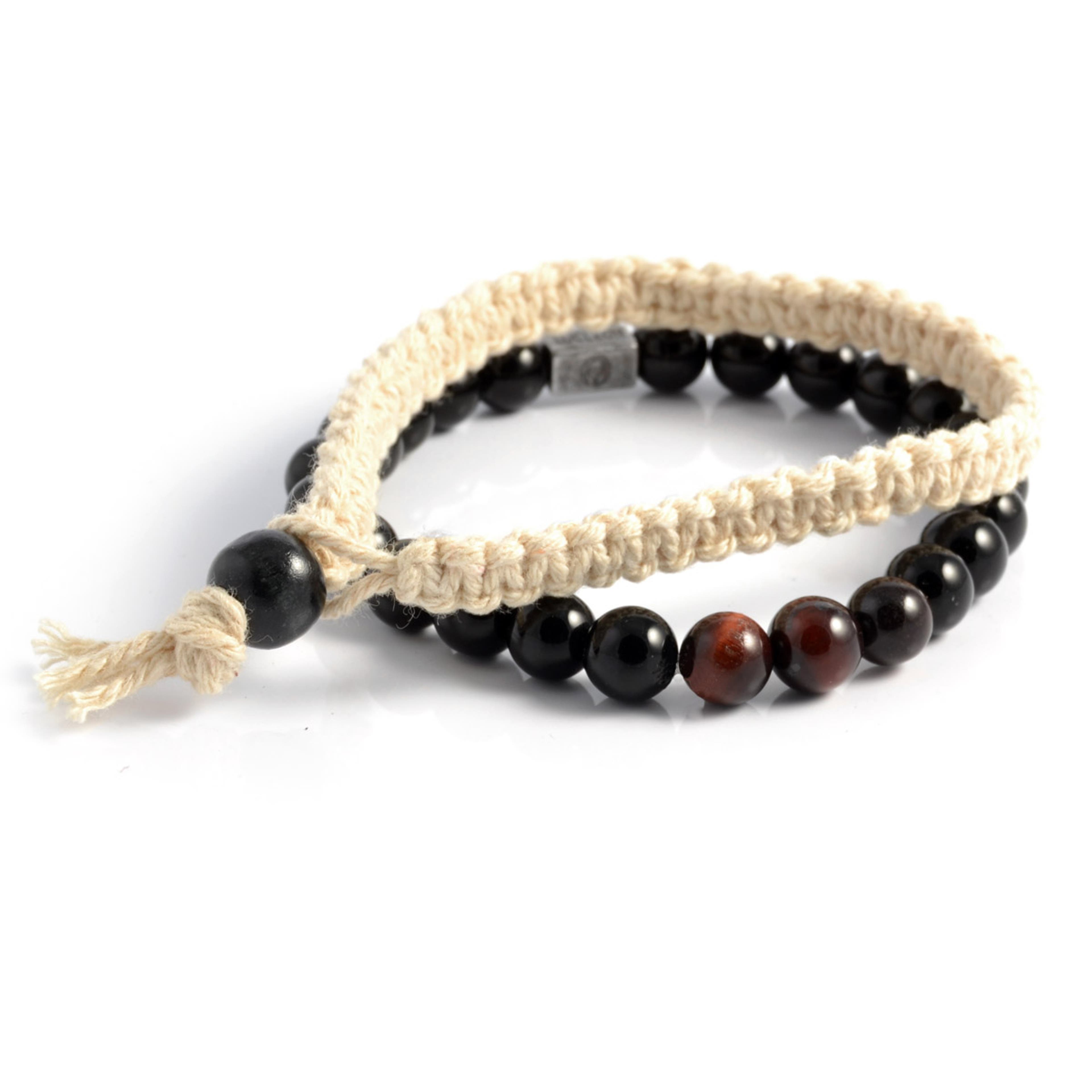 Brown & Black Natural Stones & White Cotton Bracelet Set