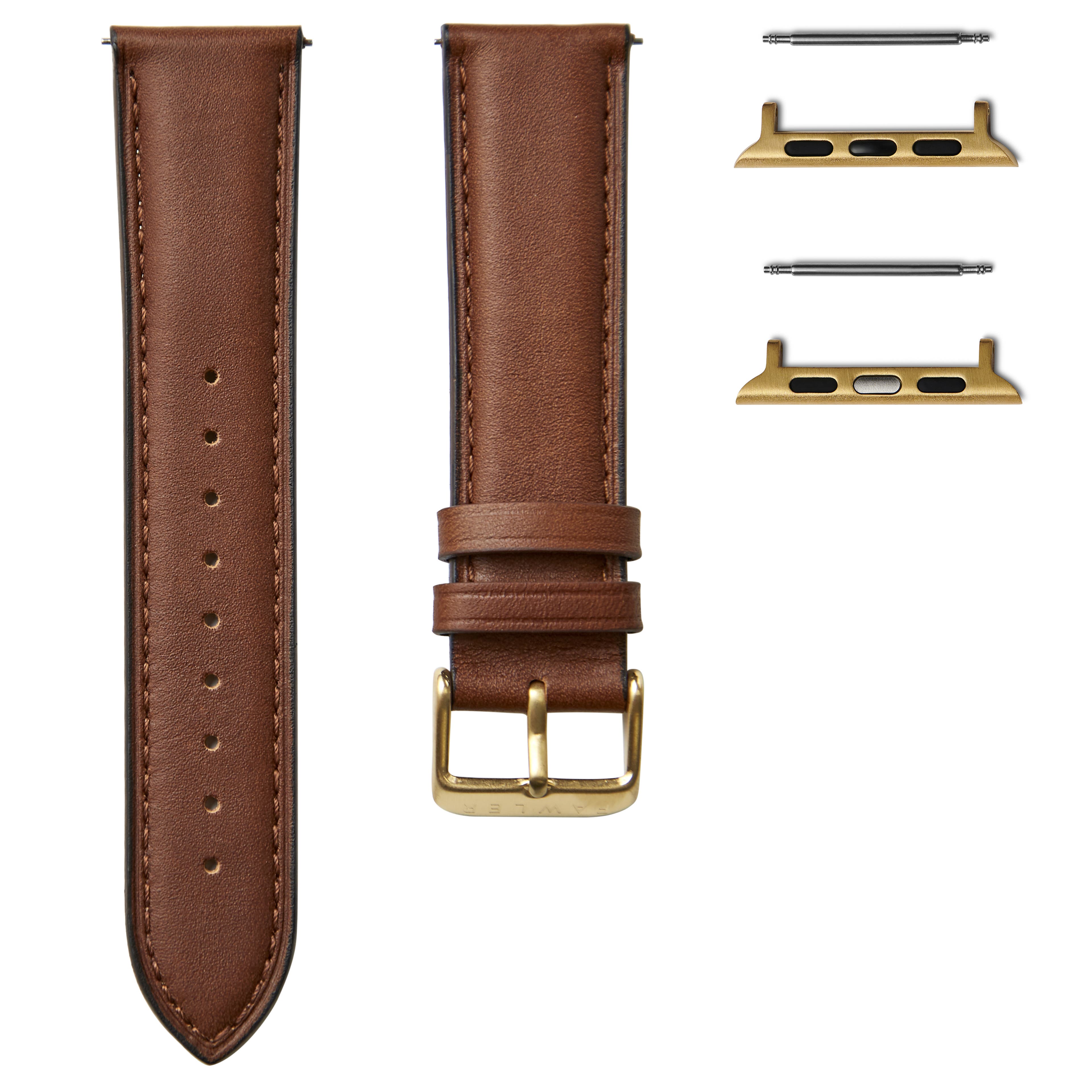 Bracelet de montre en cuir marron avec adaptateur doré pour Apple Watch (38 / 40MM)