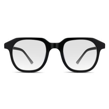 Schwarze geometrische Hornrand Brille mit Blau-Licht Schutz und klaren Gläsern Schwarze geometrische Hornrand Brille mit Blau-Licht Schutz und klaren Gläsern
