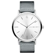 Moment | Ezüst tónusú minimalista elegáns karkaróra analóg kvarc óraművel, ezüst számlappal és sötétszürke nejlon óraszíjjal Moment | Ezüst tónusú minimalista elegáns karkaróra analóg kvarc óraművel, ezüst számlappal és sötétszürke nejlon óraszíjjal