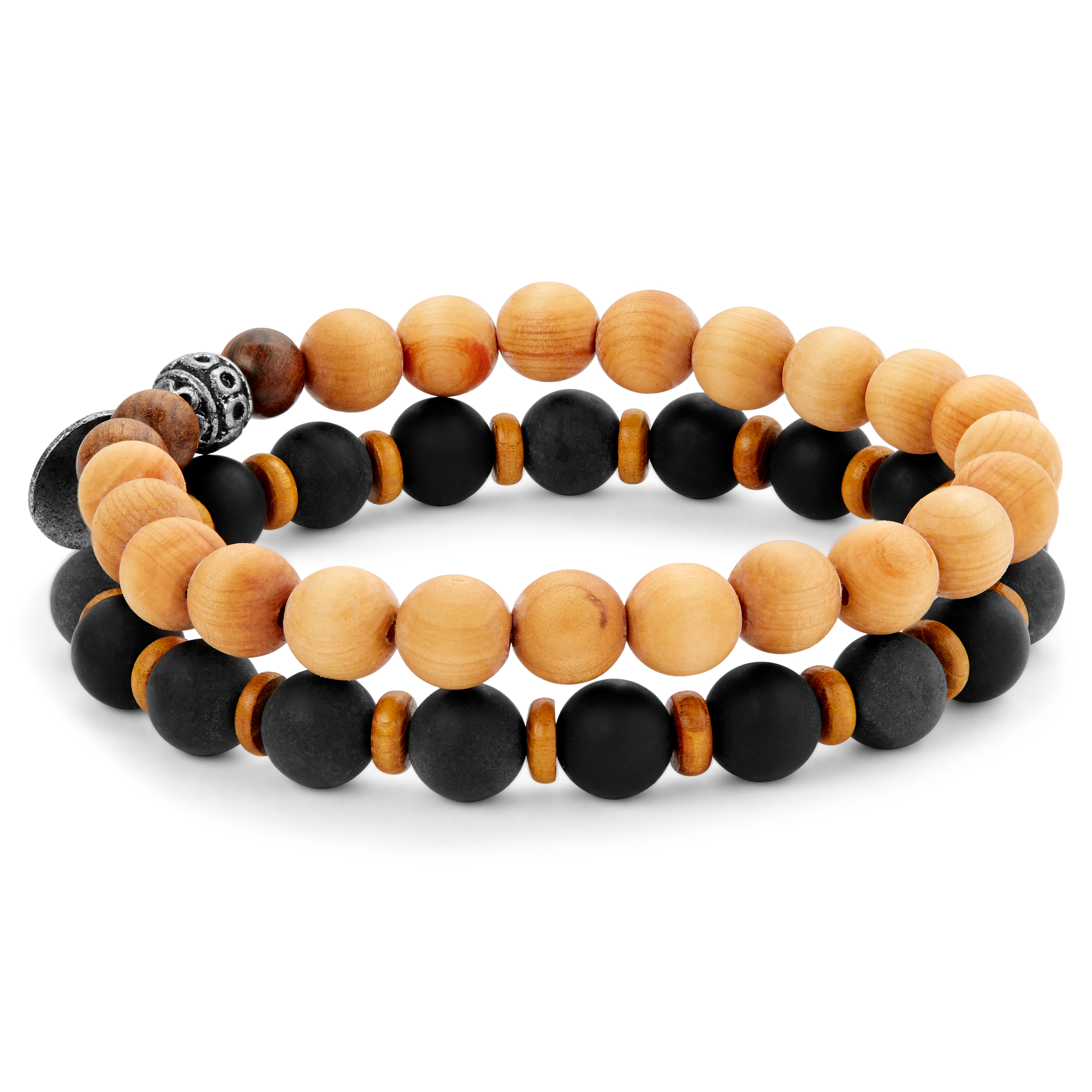 Wave  | Matte Black & Light Wooden Bracelet Set - 3