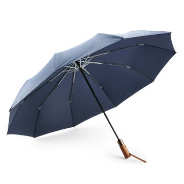 Тъмносин автоматичен сгъваем чадър с дървена дръжка