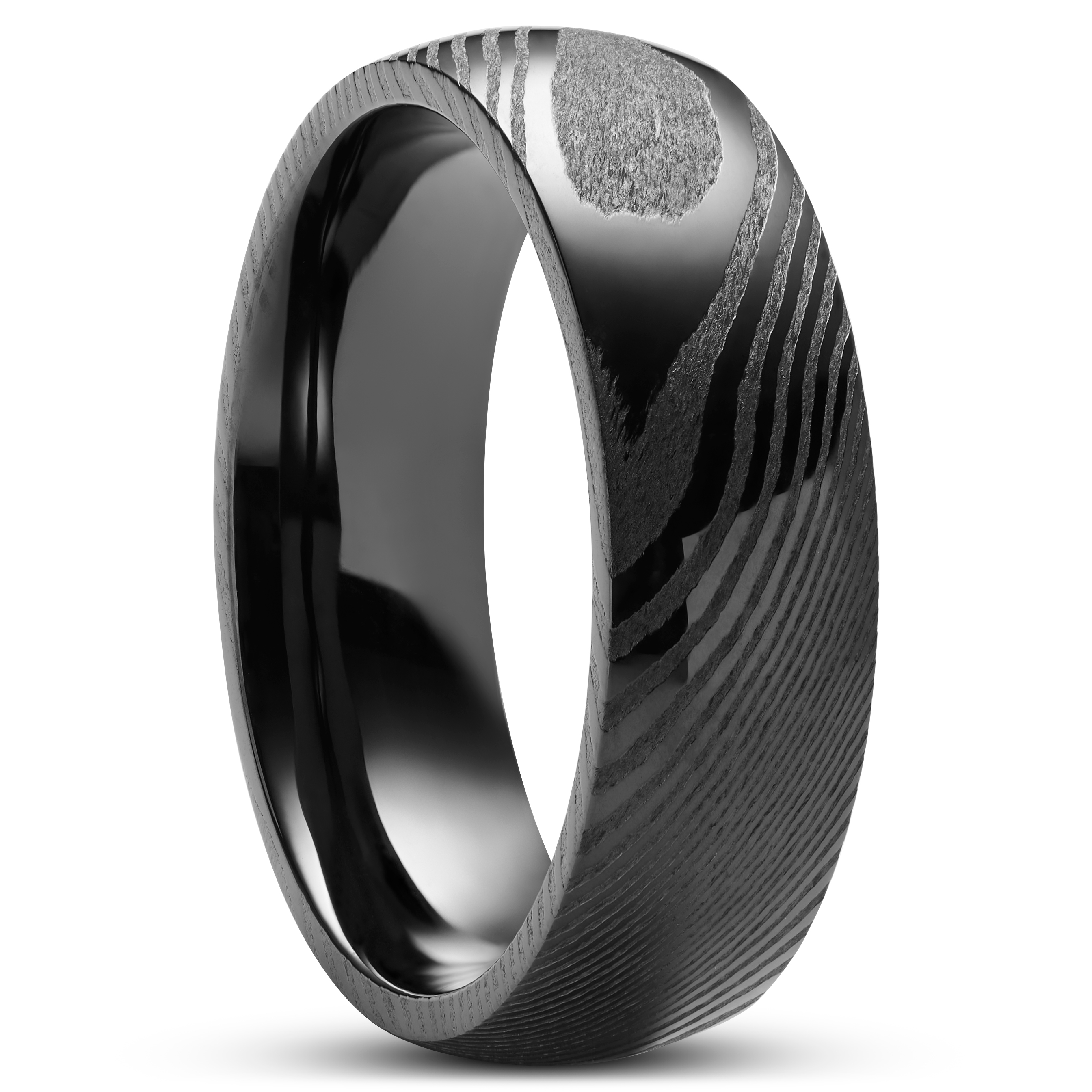 Ervaren persoon Voorwaarde eiwit Fortis | 7 mm Gunmetal Damascus Steel With Black Stainless Steel Inlay Ring  | In stock! | Lucleon
