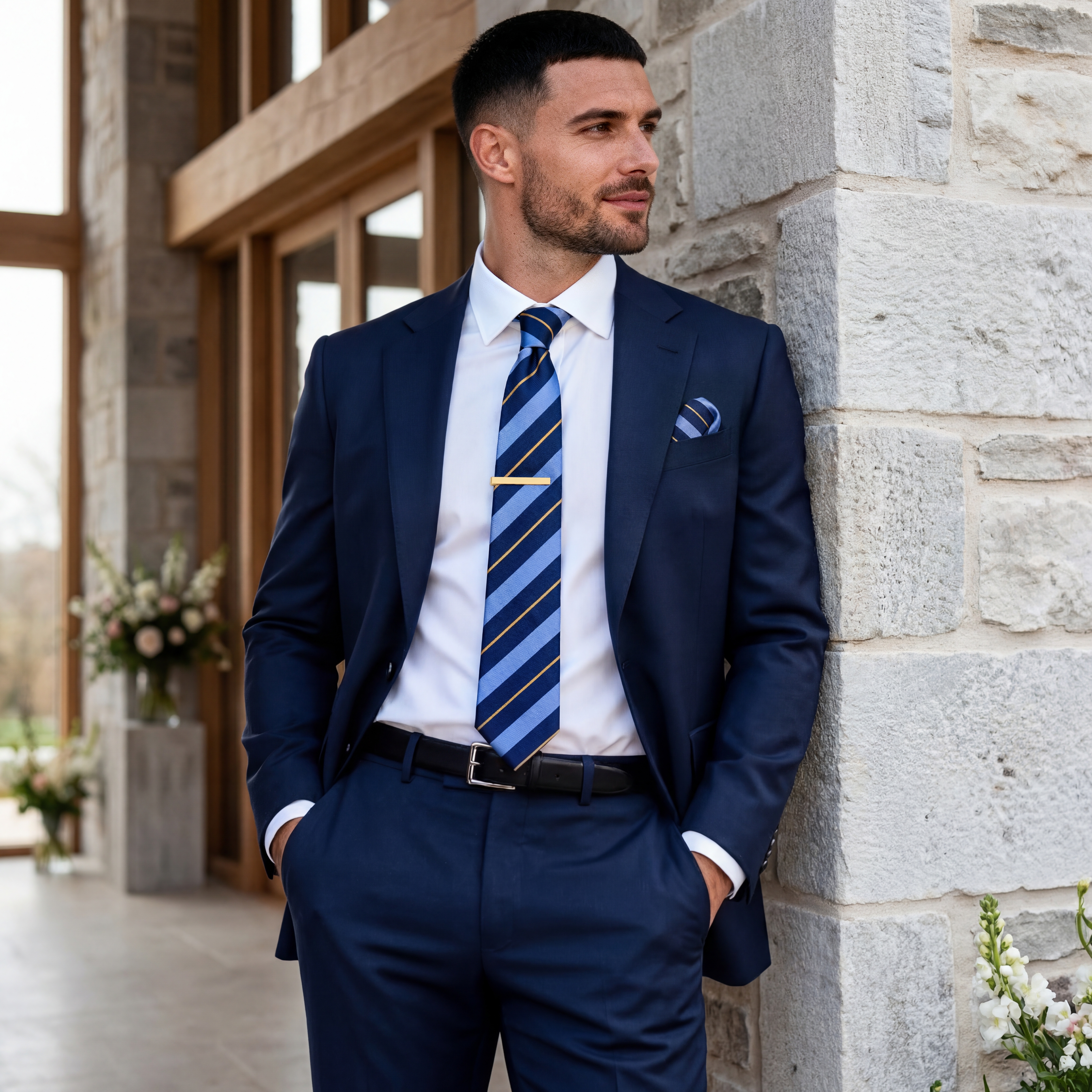 Wide Navy, Light Blue & Gold Striped Silk Tie - 4