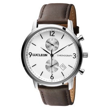 Lane | Silver-Tone Chronograph Watch With White Dial & Chocolate Brown Leather Strap