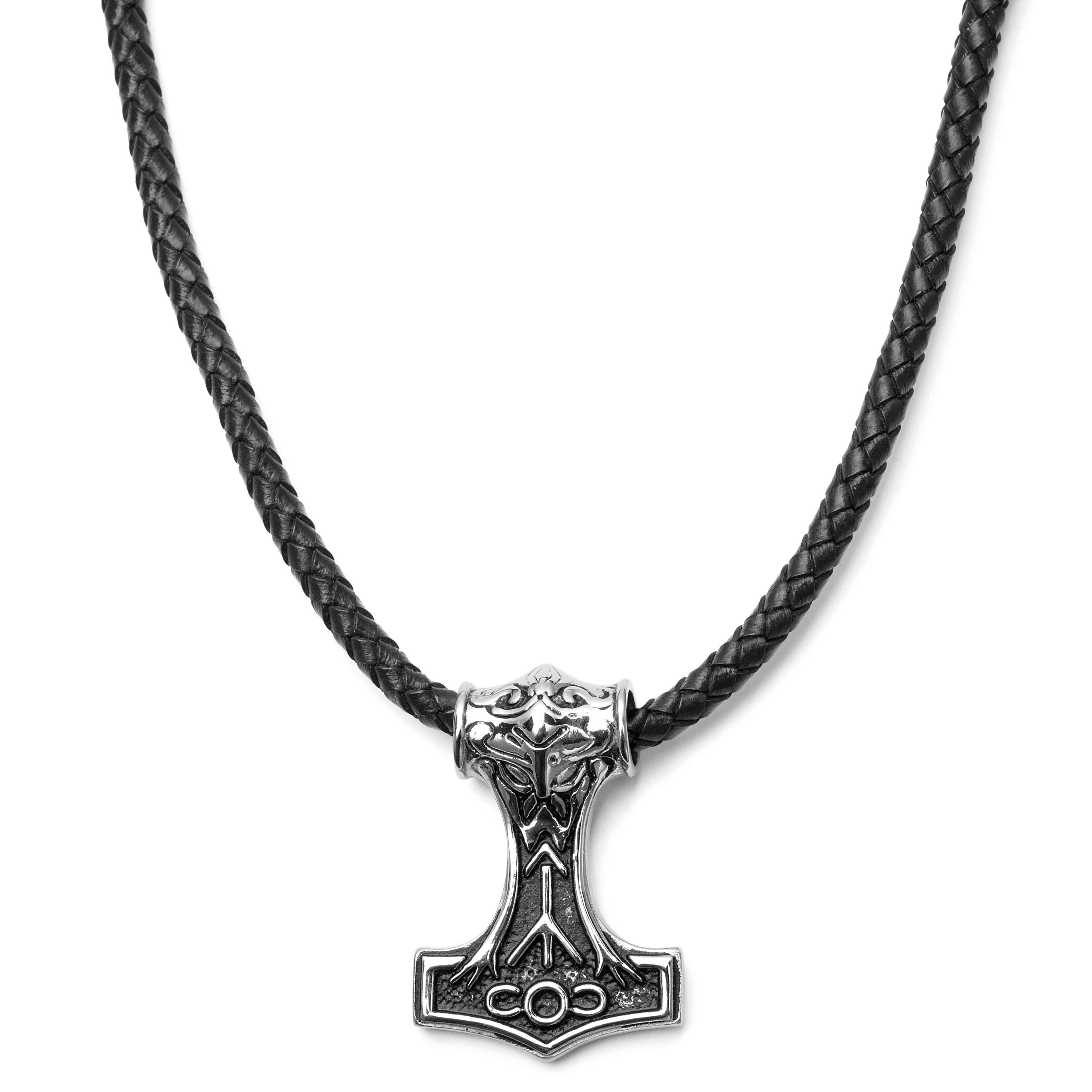 Black Leather With Silver-Tone Stainless Steel Viking Hammer Necklace