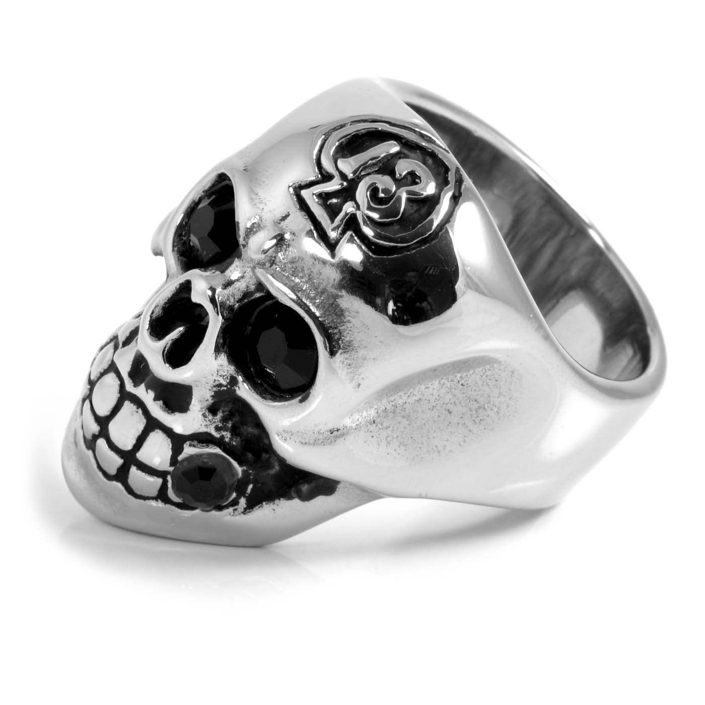 Bague en acier Tête de mort zircon noir - 1