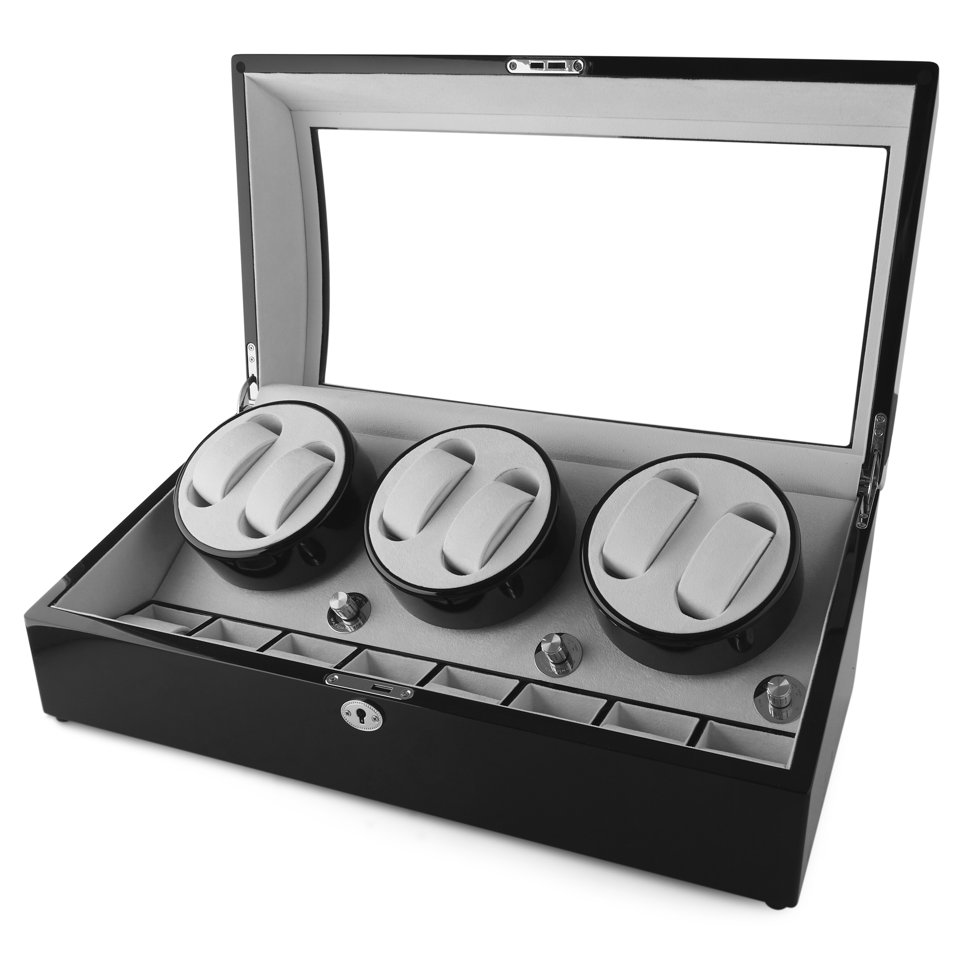 Afsluitbare Gepolijste Zwarte Rotary Horlogekast - 14 horloges - 2