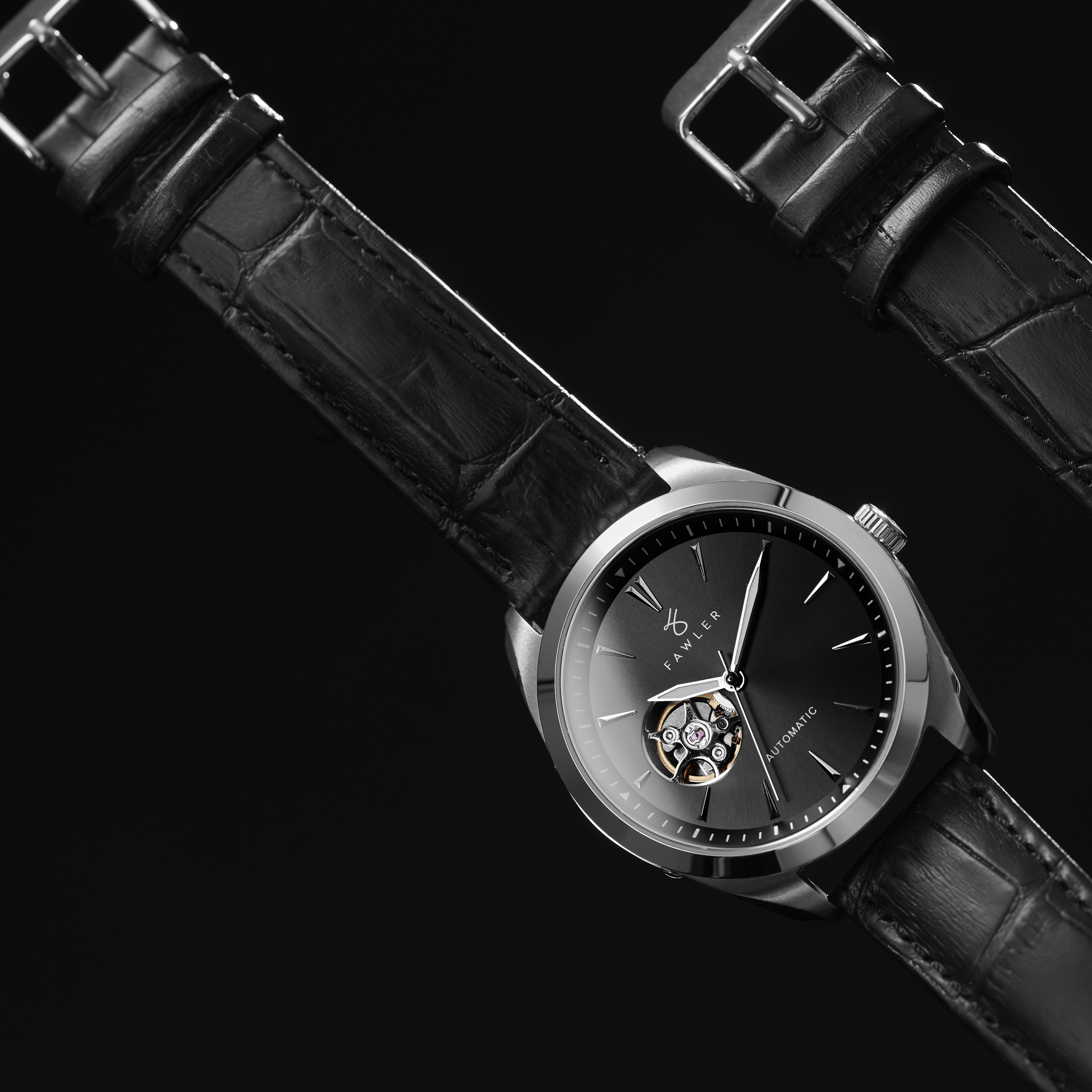 Fenes | Silver-Tone Open-heart Skeleton Watch With Black Dial & Black Leather Strap - 5