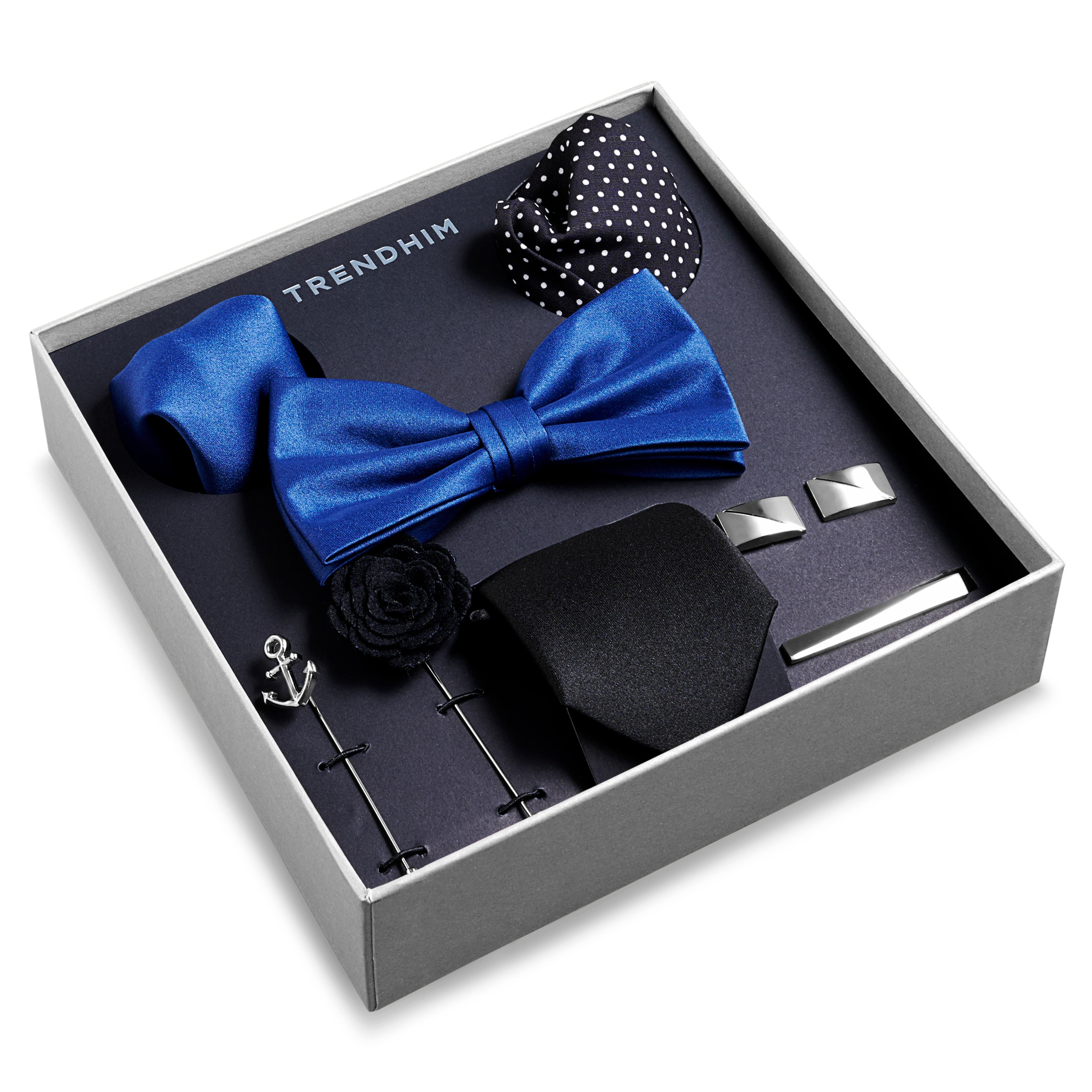 Cutie cadou cu accesorii pentru costum | Set cu bleumarin, negru și argintiu