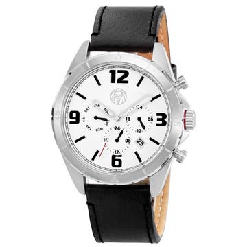Alton | Silver-Tone Chronograph Watch With White Dial & Black Leather Strap