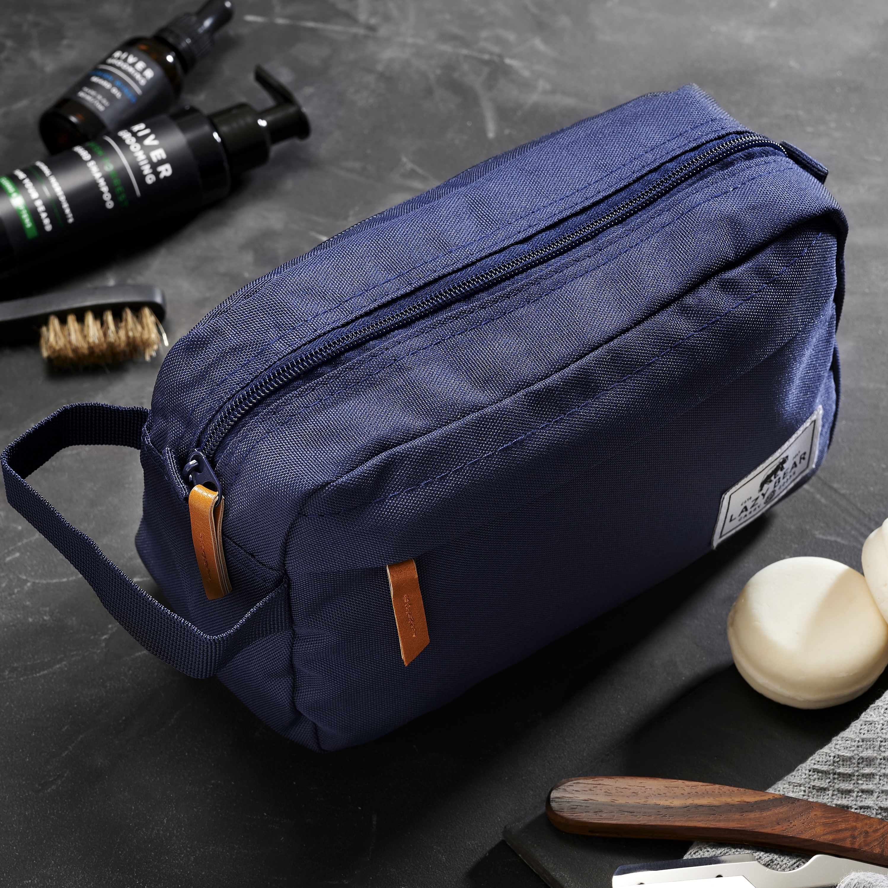 Lewis, Navy Blue Polyester & Faux Leather Toiletry Bag, In stock!