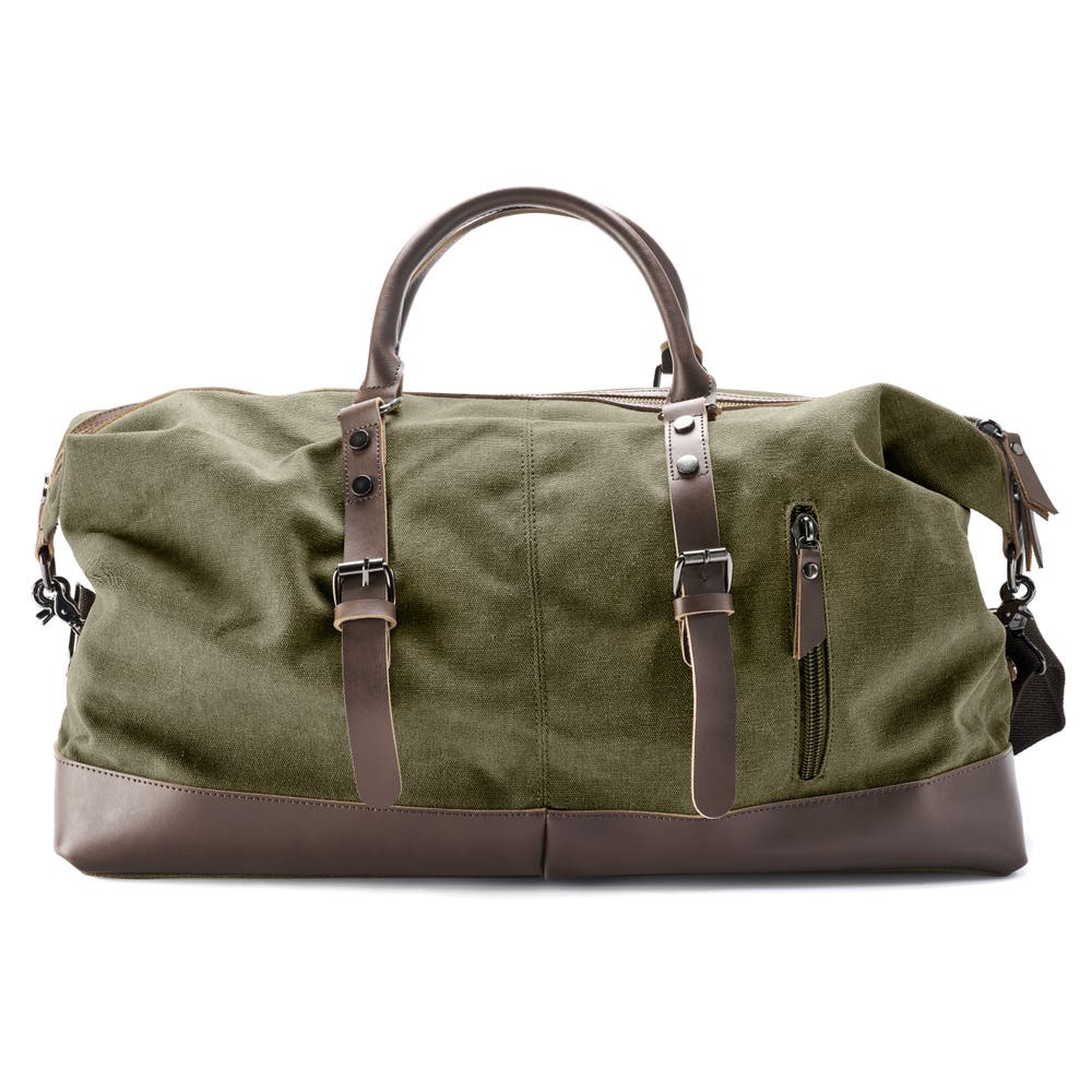 hover: Army Green Canvas & Brown Leather Duffel Bag hover: Army Green Canvas & Brown Leather Duffel Bag