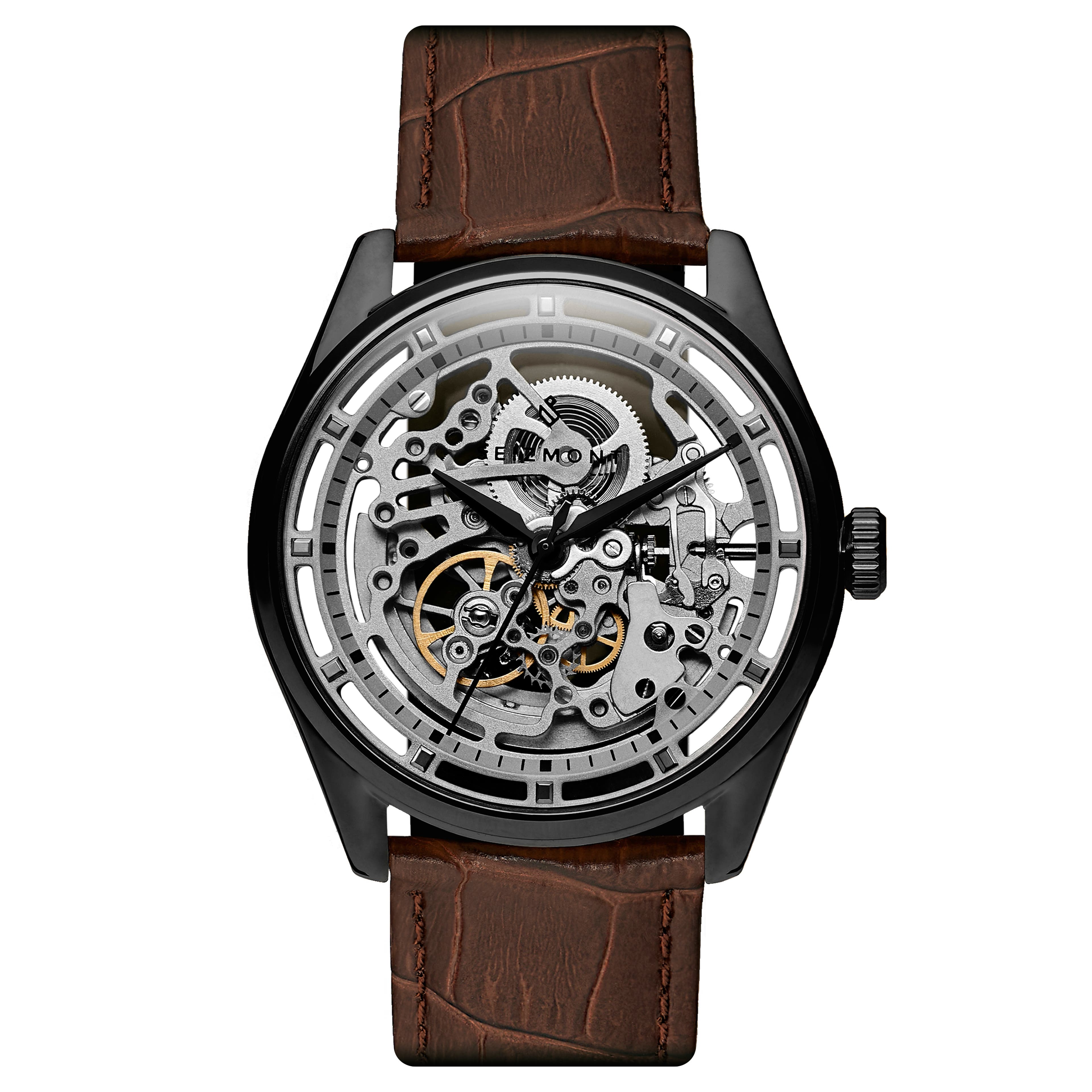 Motus | Black Automatic Skeleton Watch With Silver-Tone Movement & Brown Leather Strap