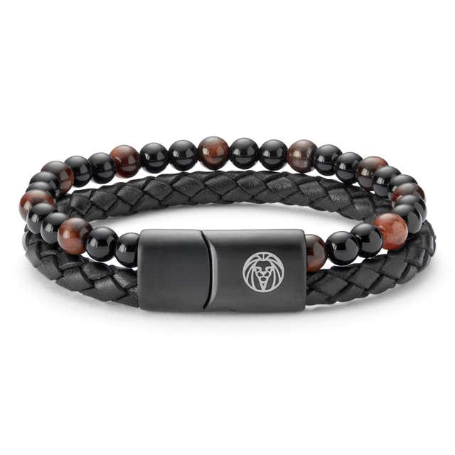 Icon | Black Leather, Onyx & Tiger's Eye Double Bracelet | In stock ...