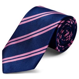 Corbata de 8 cm de seda azul marino con rayas rosas dobles
