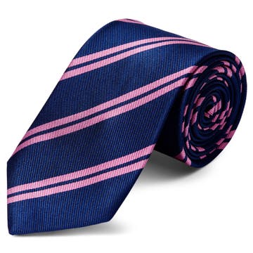 Cravatta blu in seta da 8 cm con doppie righe rosa
