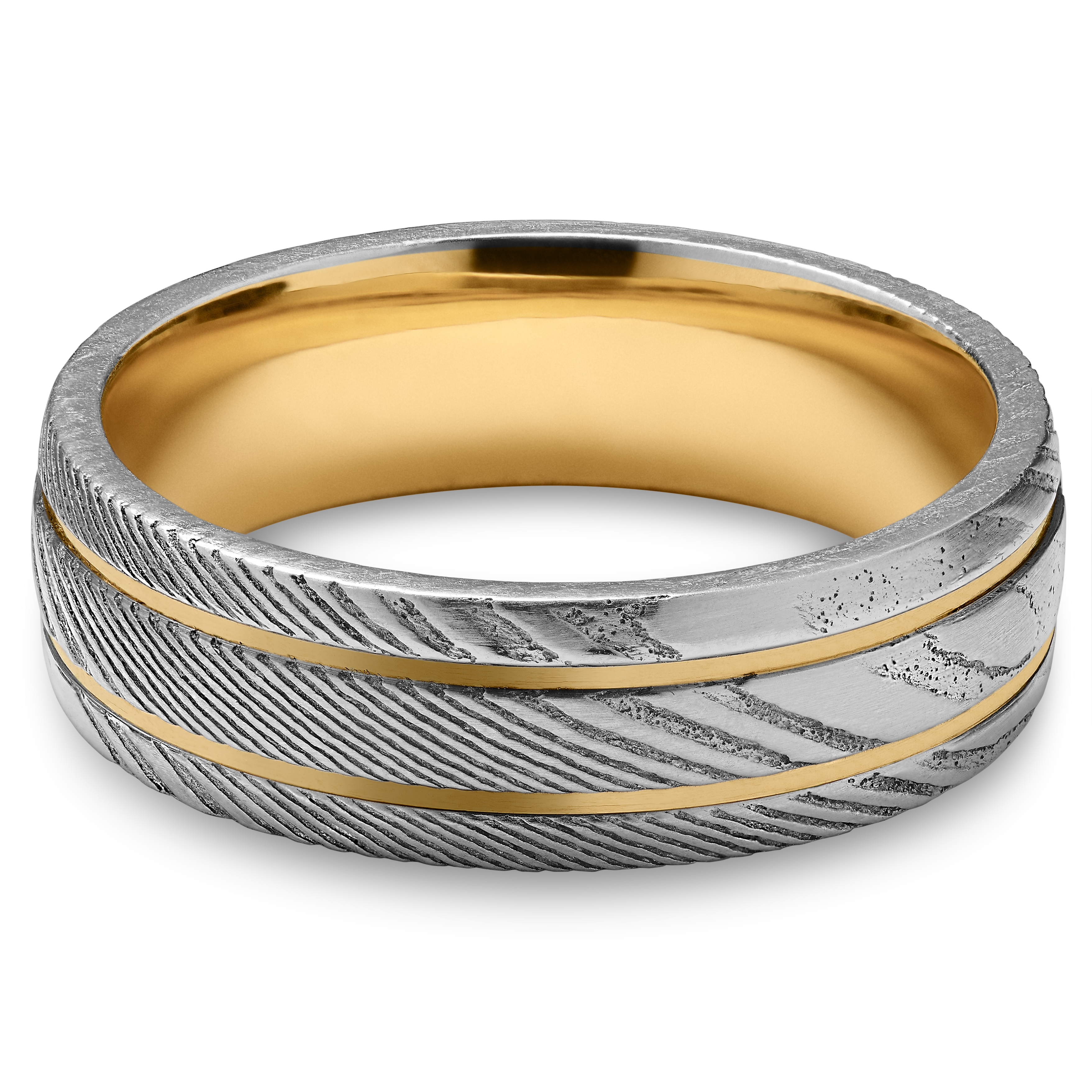 Fortis | 7 mm pierścionek z podwójnym rowkiem ze stali damasceńskiej i złocistego tytanu - 6