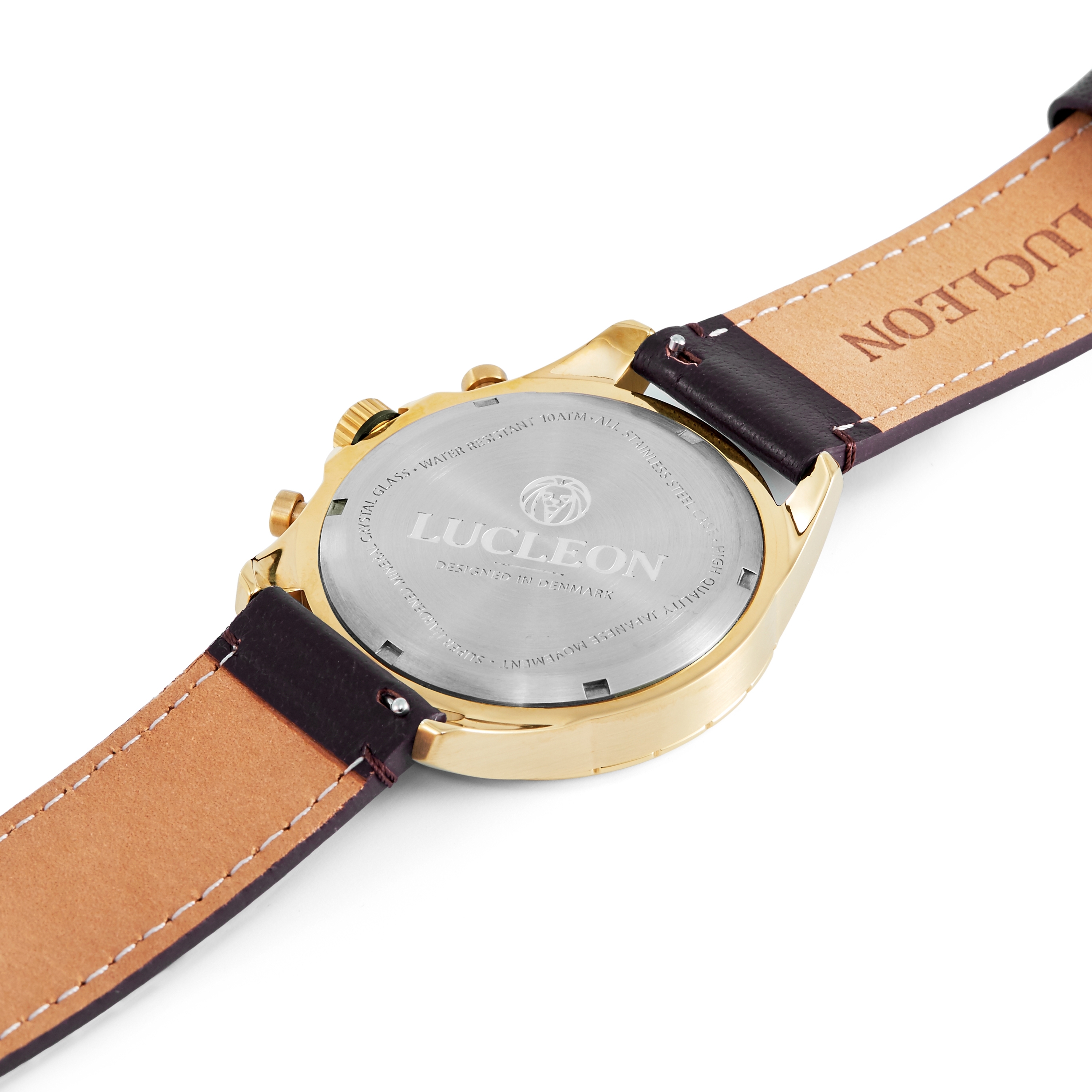 Alton | Gold-Tone Chronograph Watch With Black Dial & Chocolate Brown Leather Strap - 3