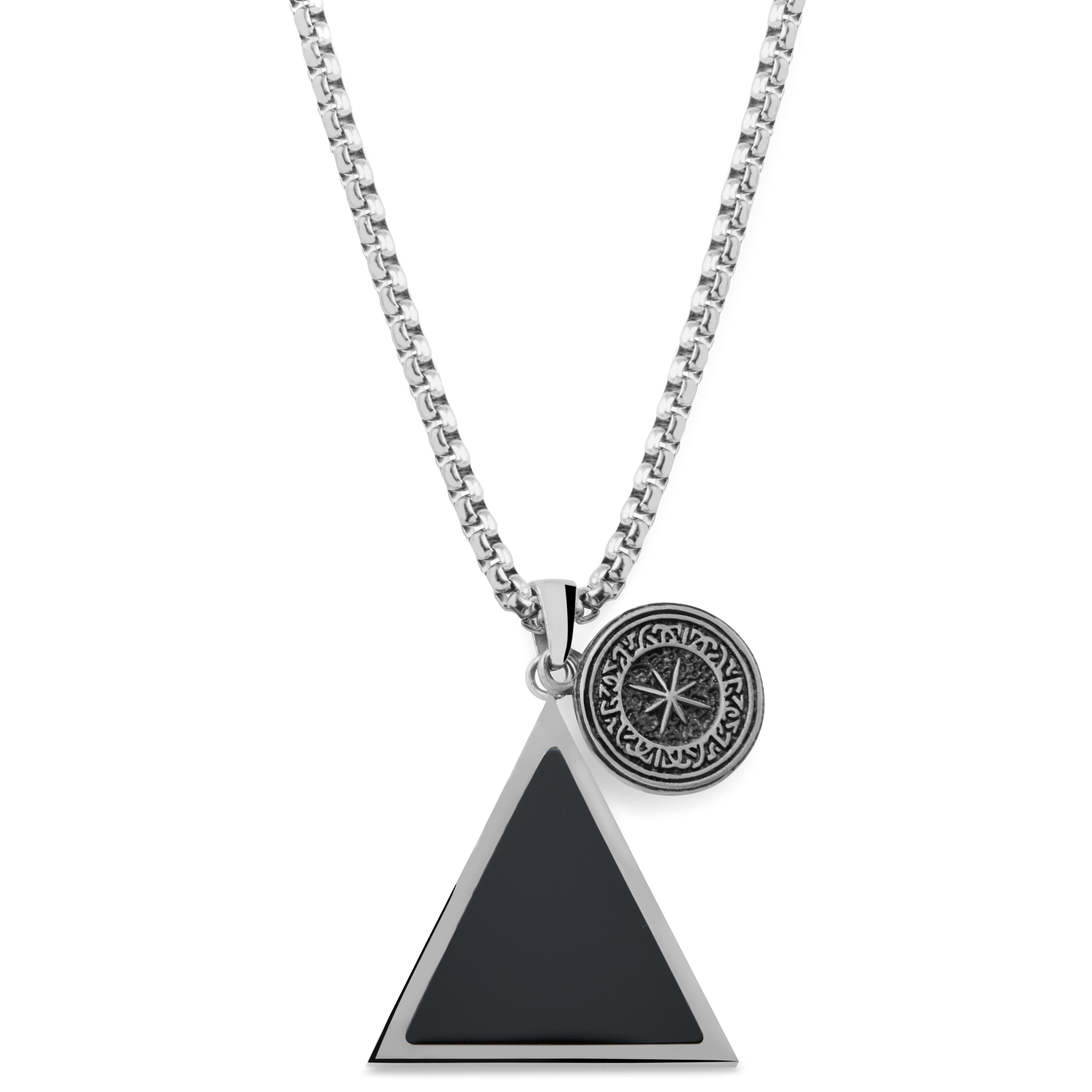 Orisun | Silver-Tone Stainless Steel Black Onyx Triangle Pendant Necklace