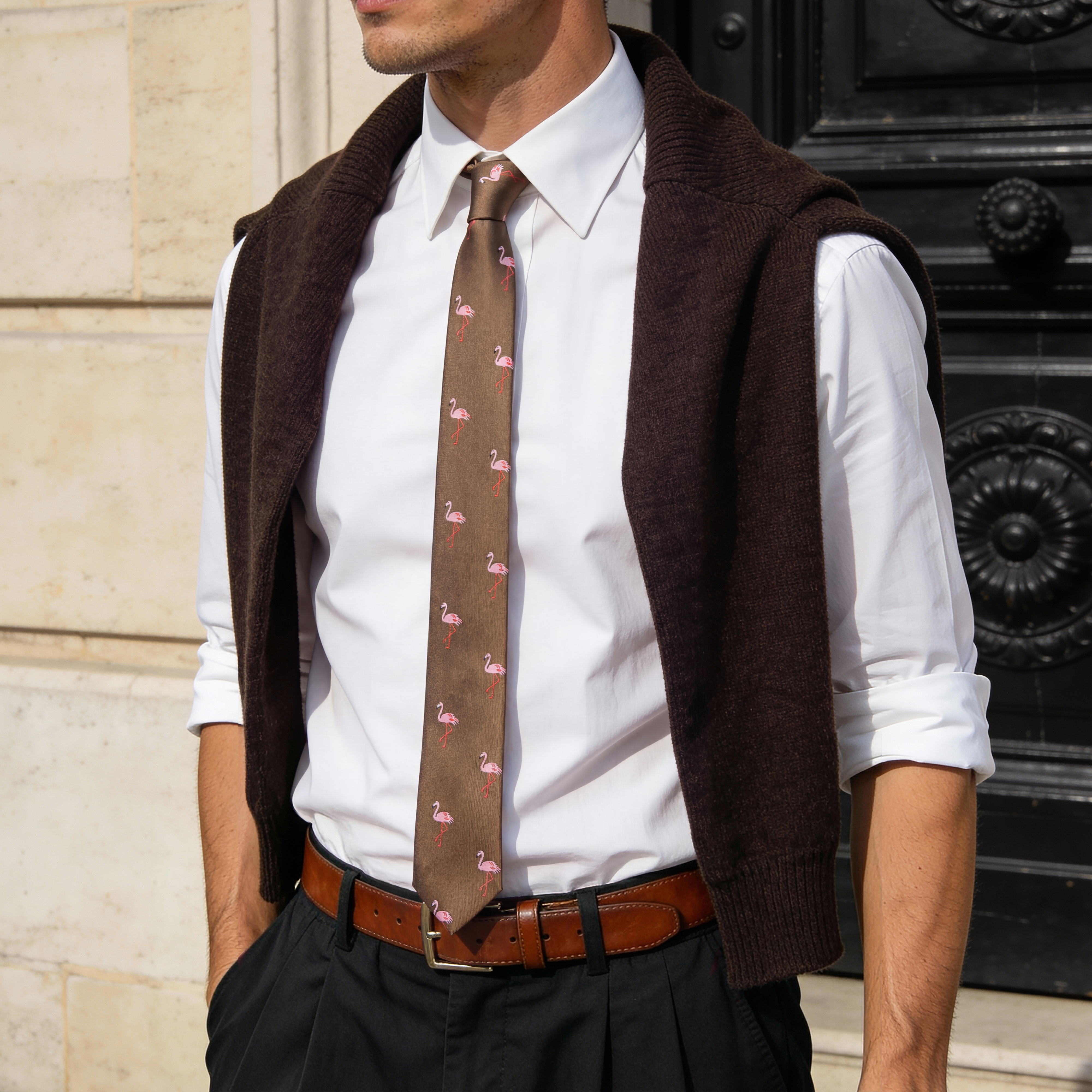 Rjava ozka kravata z motivom rožnatimih flamingov - 2