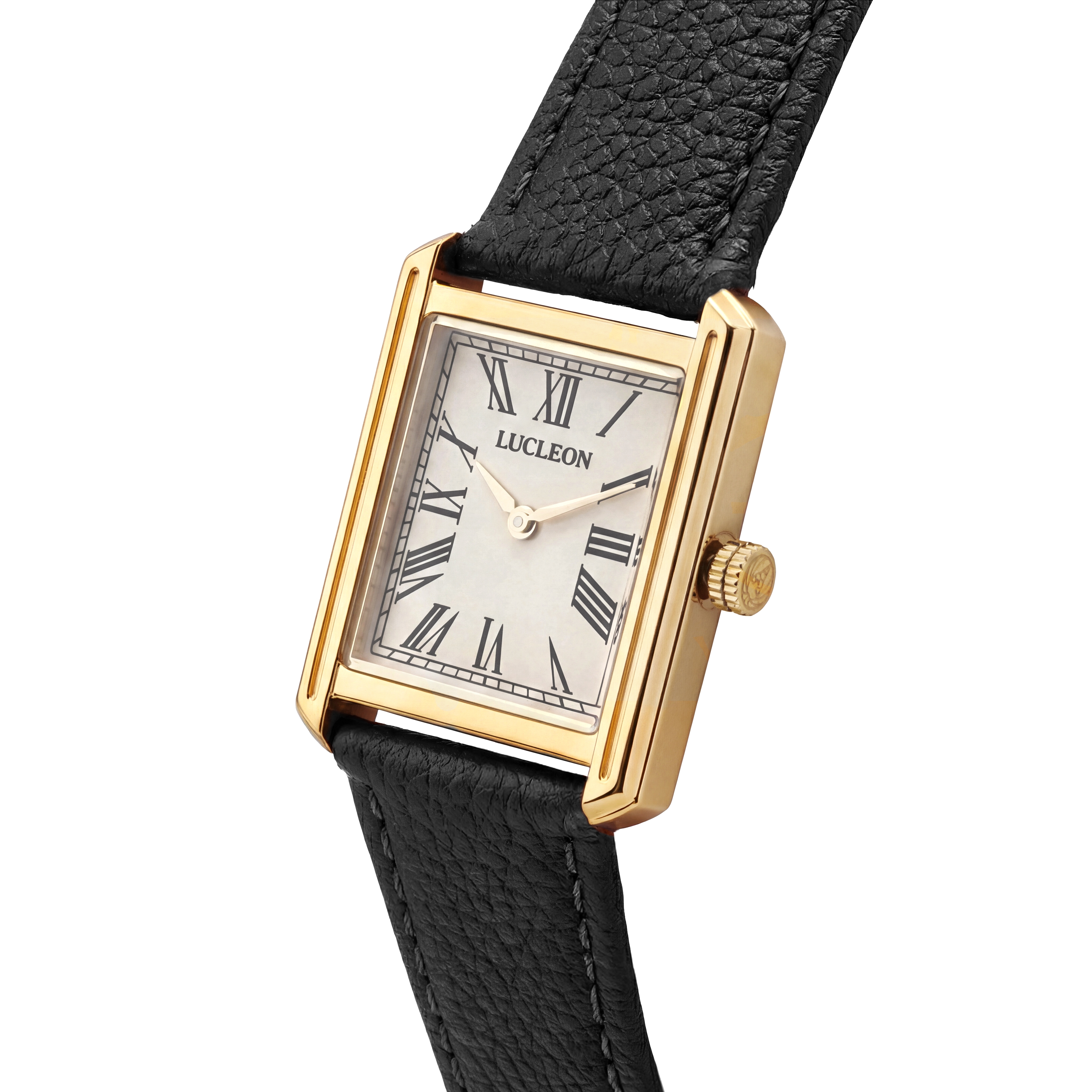 Legacy | Retro Guldtonet Firkantet Ur med Cremefarvet Urskive, Romertal & Sort Læderrem - 2