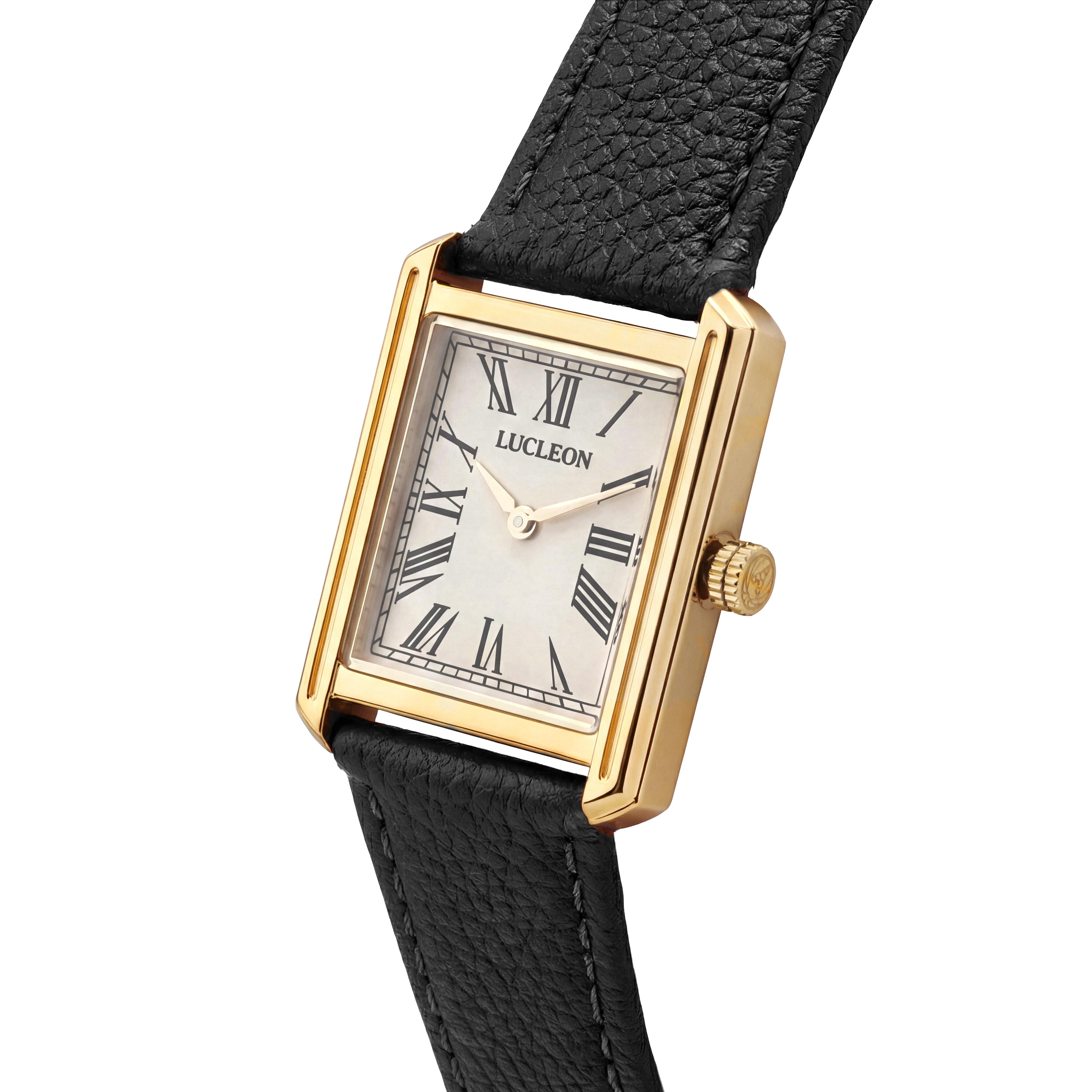 Legacy | Retro Squared Gold-tone Watch with Cream Roman Dial and Black Leather Strap - 2