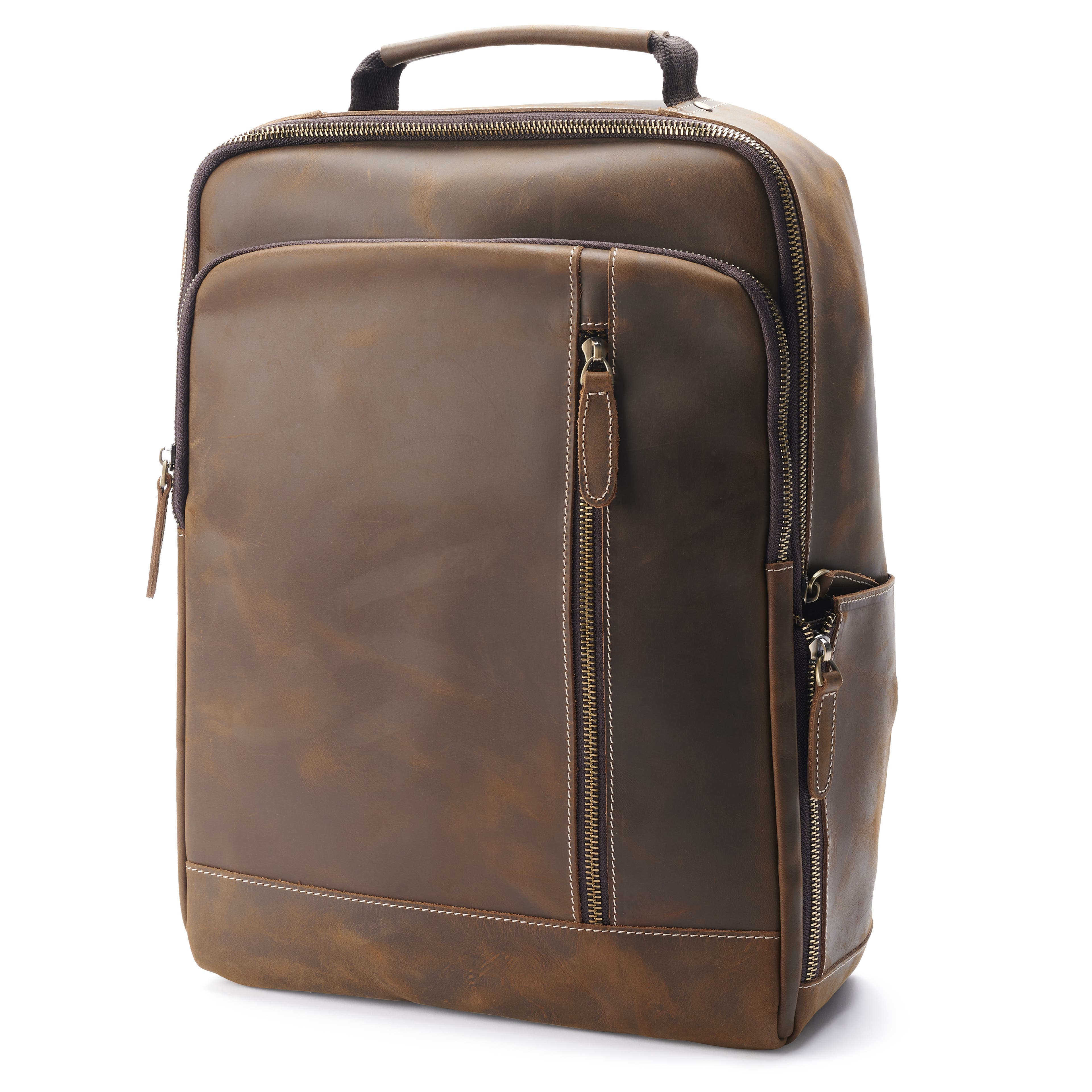 Brown Vintage Leather Laptop Backpack with Charging Port
