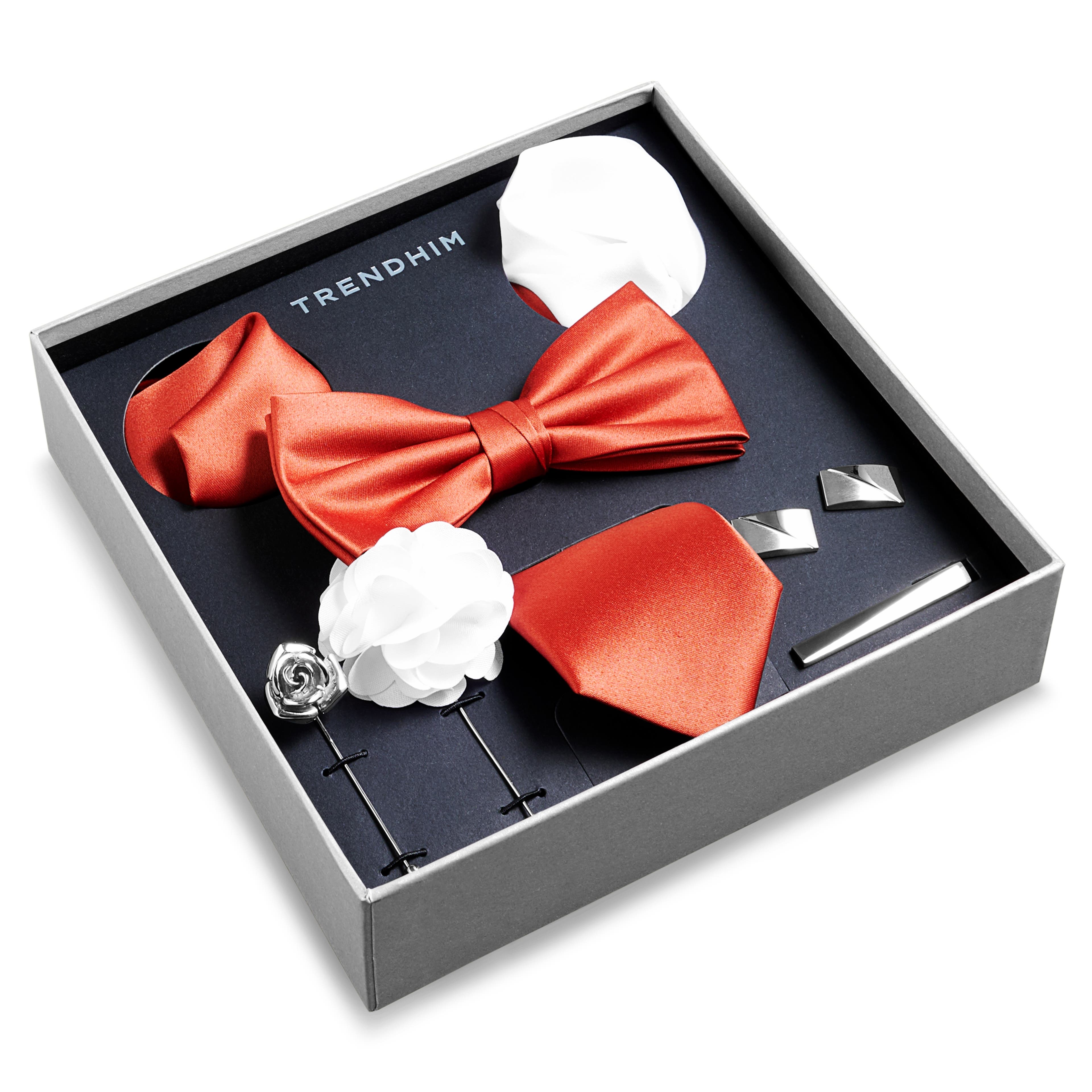 Подаръчна кутия с аксесоари за костюм | Комплект в цвят теракота, бяло и сребристо