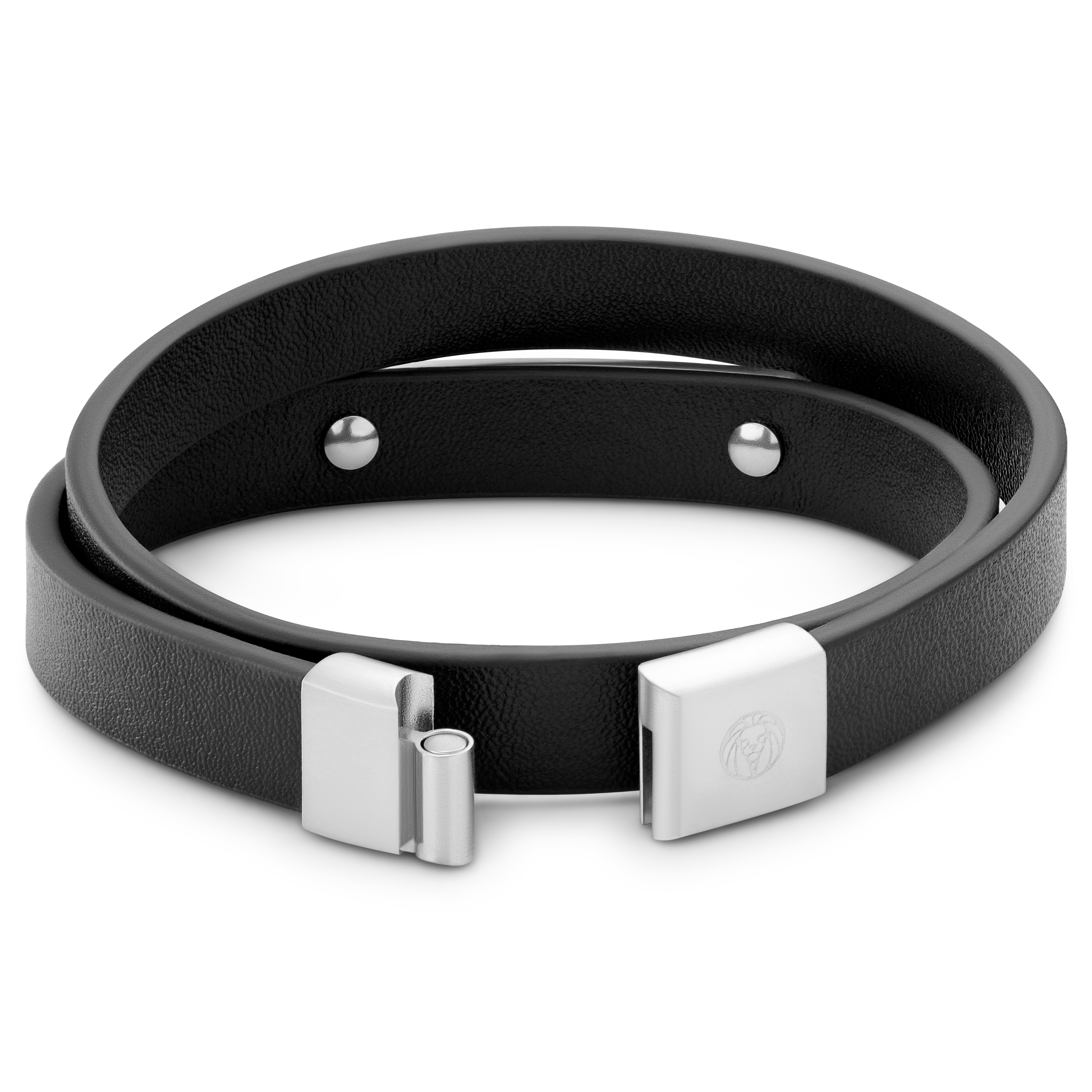 Nomen | Silver-tone and Black Leather Wrap-around ID Bracelet - 5