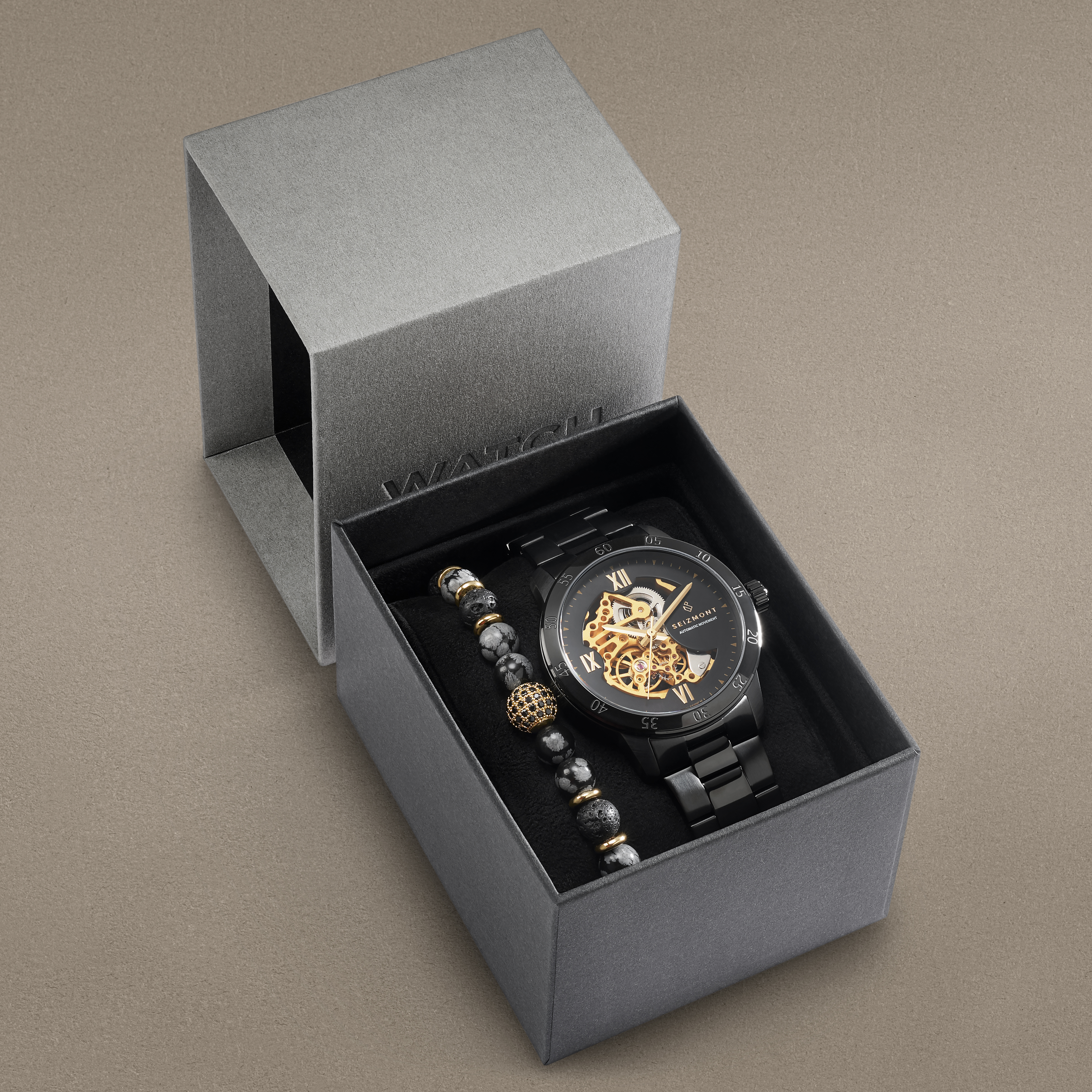 Sort & Guldfarvet Automatisk Skelet Ur og Lavasten & Alabast Armbånd Gaveæske - 3