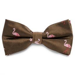 True Brown Pre-Tied Bow Tie with Rose Pink Flamingos