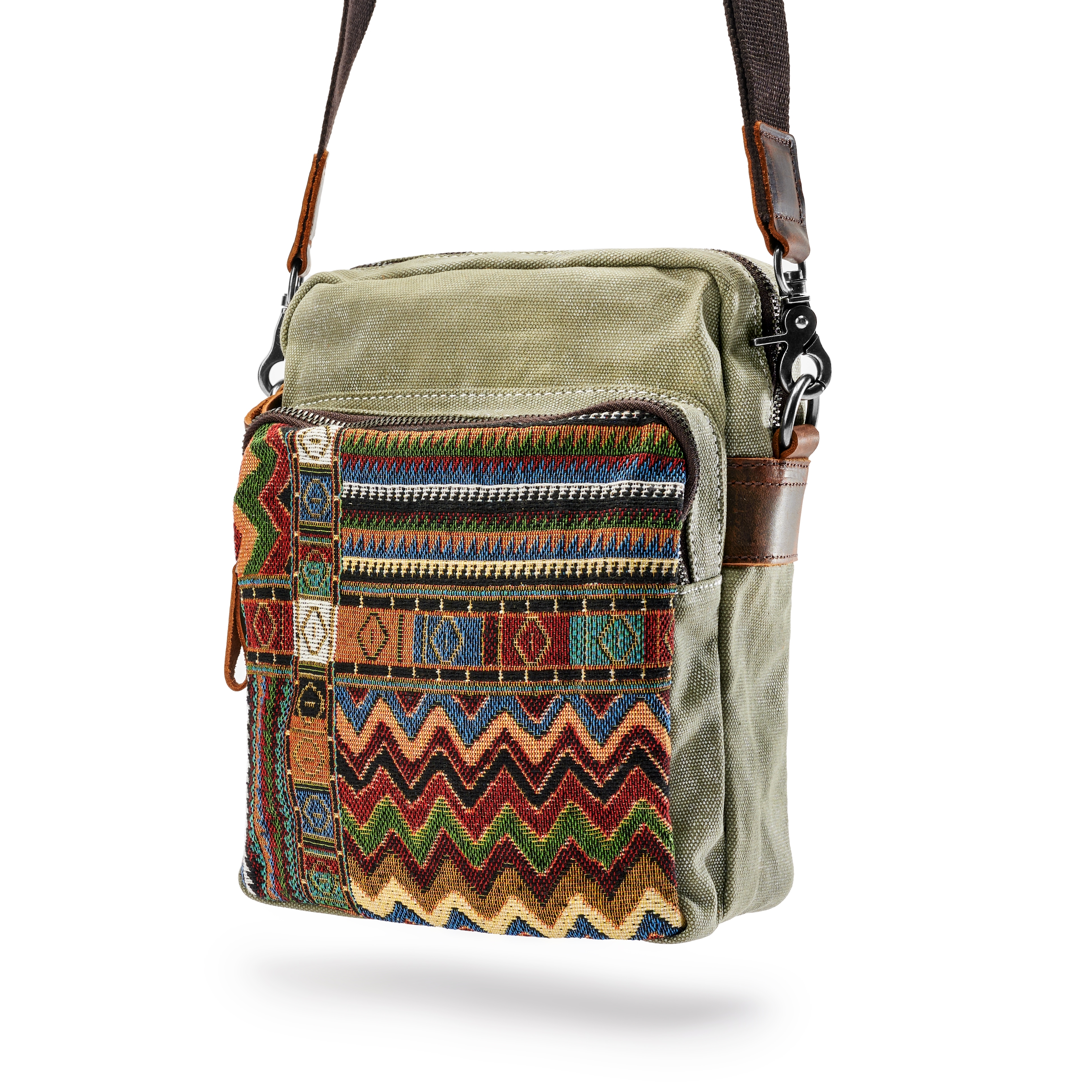 Borsa a tracolla in tela bohemienne verde militare retrò - 6