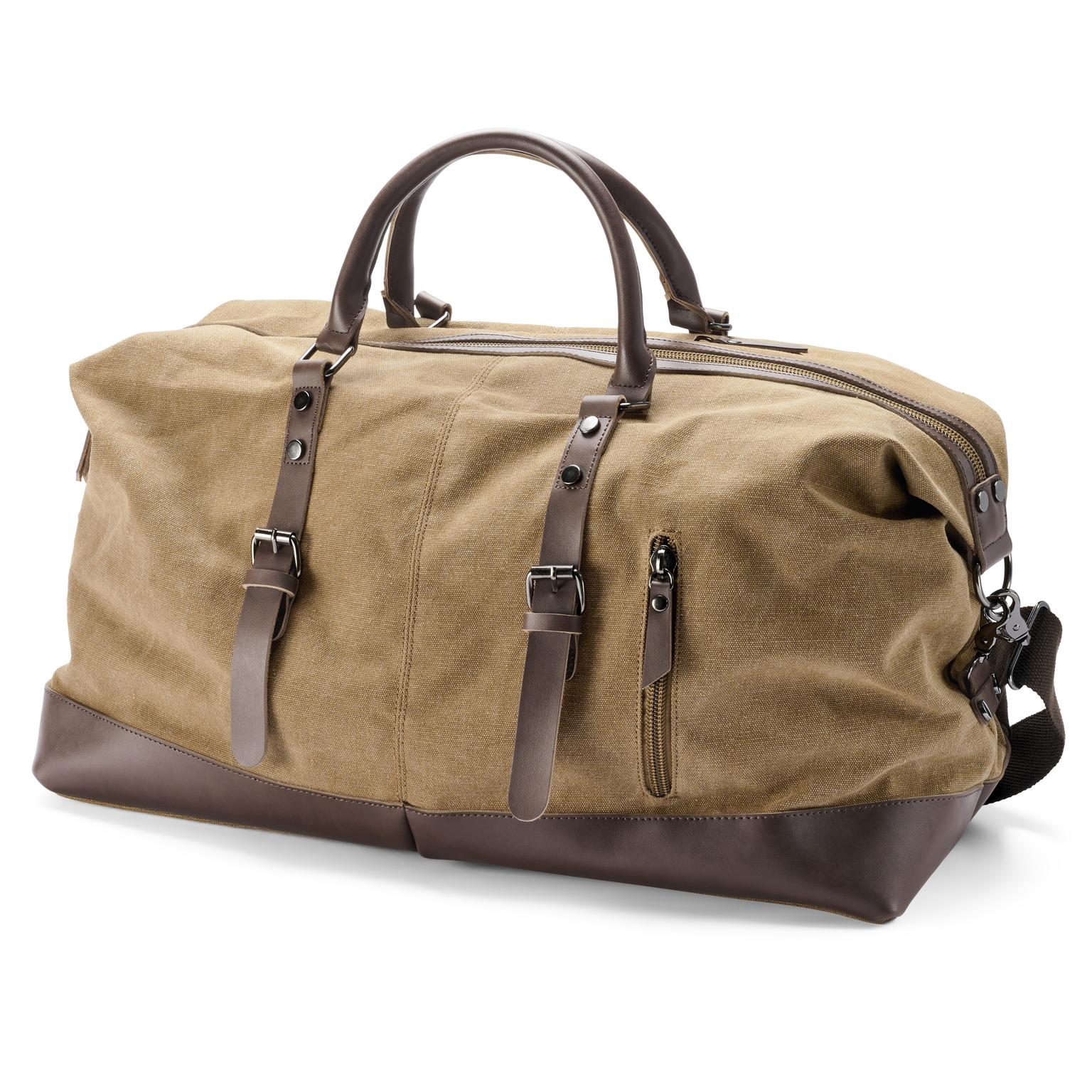 Bolso de viaje de lona amarillo mostaza y cuero marrón Bolso de viaje de lona amarillo mostaza y cuero marrón