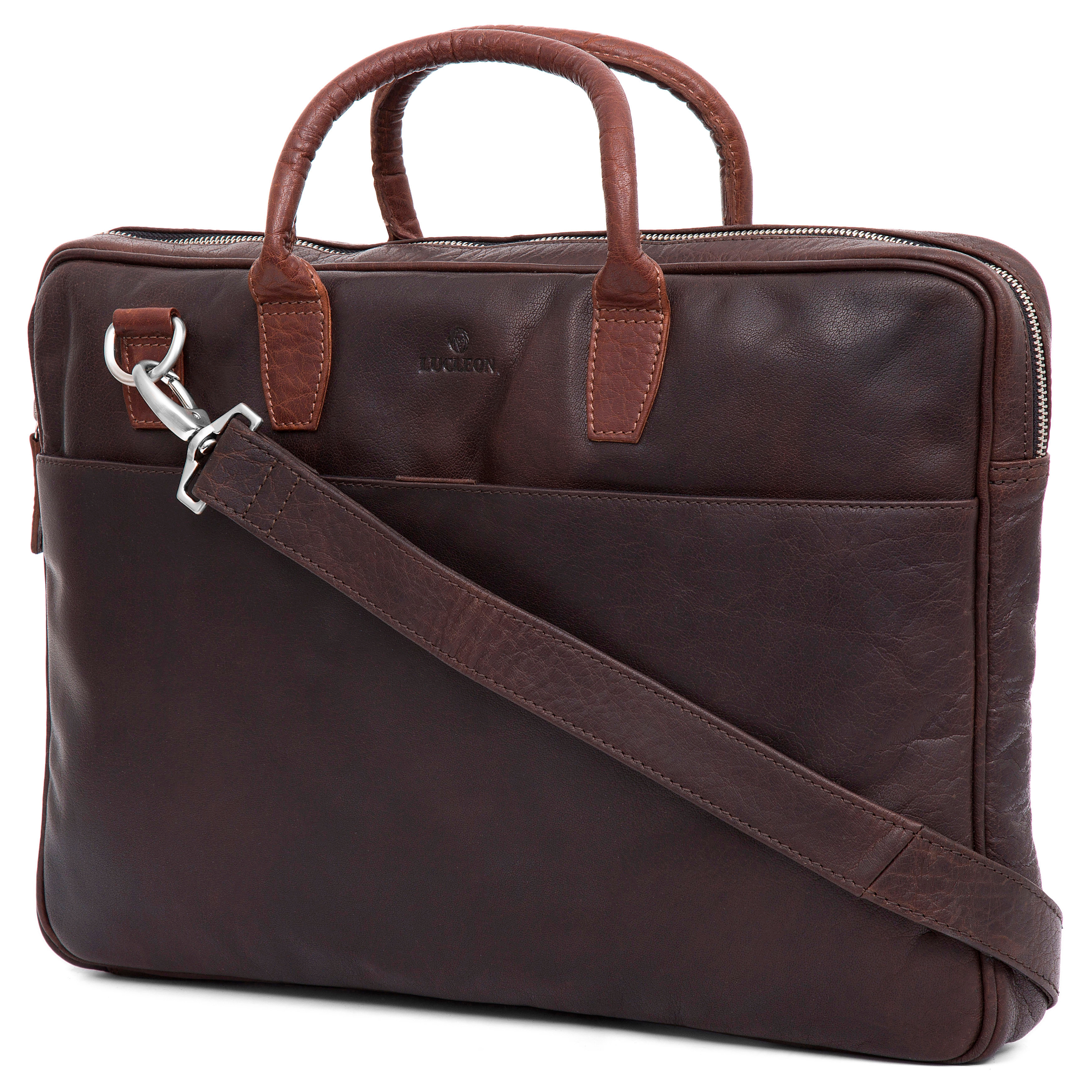 Brązowo-kasztanowo skórzana smukła torba biznesowa Montreal Slim 15' - 3