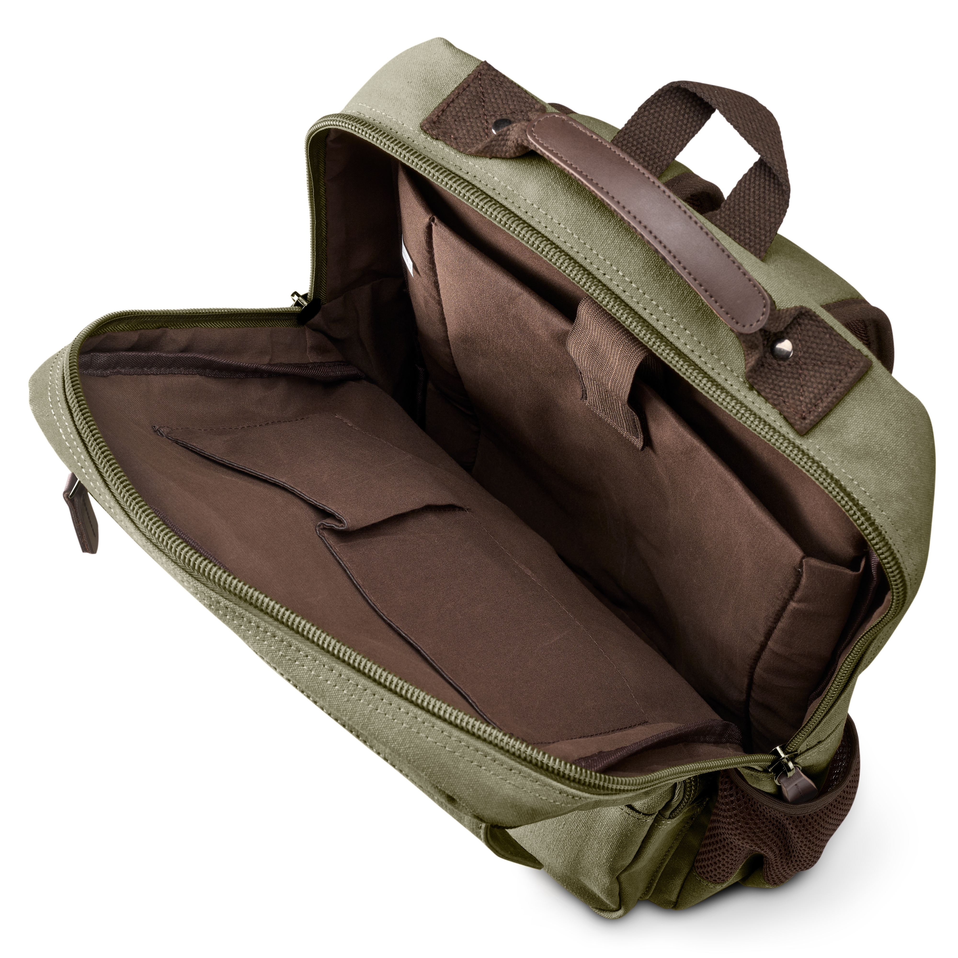 Army Green Canvas & Brown Leather Compact Backpack - 5