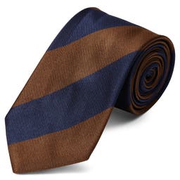 Corbata de 8 cm de seda con rayas en marrón y azul marino