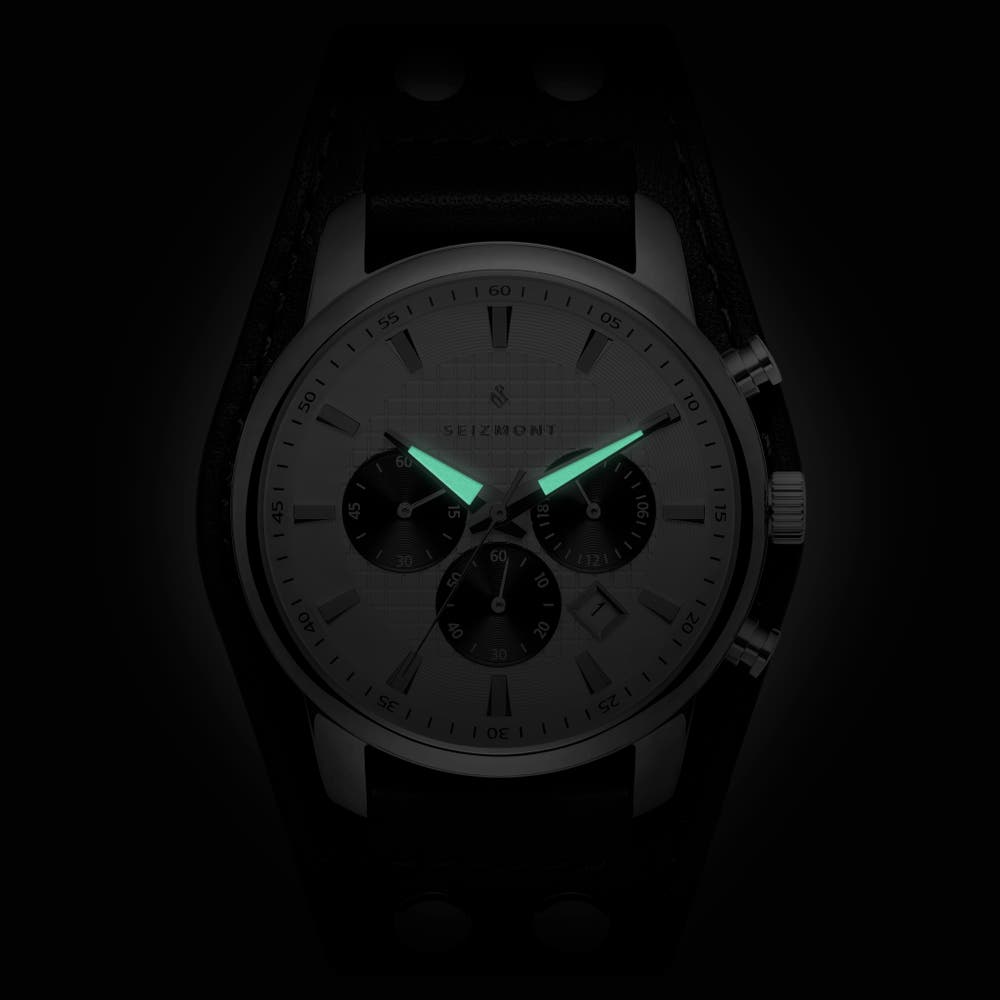hover: Iphios | Black and White Leather Cuff Stainless Steel Chronograph Watch hover: Iphios | Black and White Leather Cuff Stainless Steel Chronograph Watch