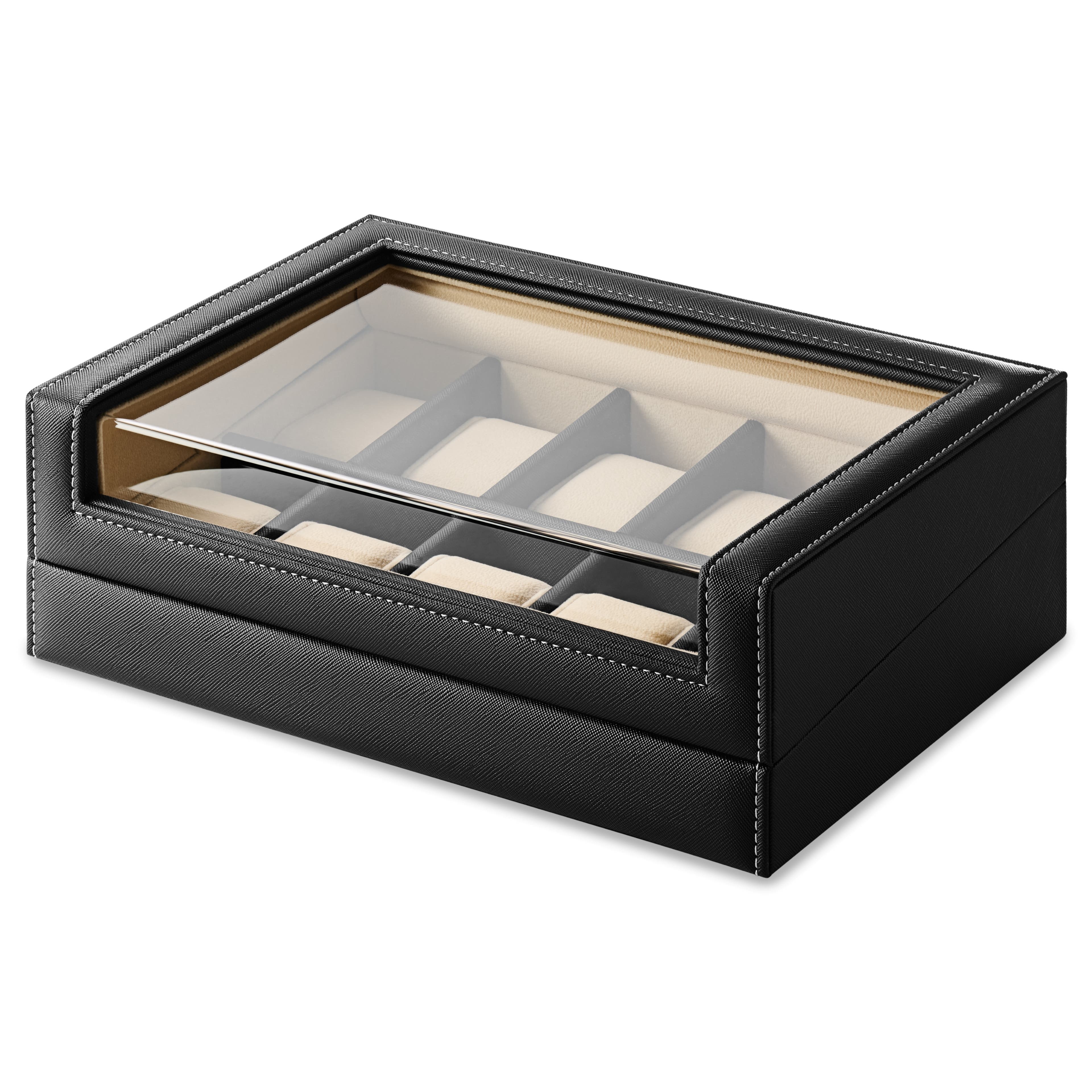 Uhrenbox mit 10 Fächern aus schwarzem Leder