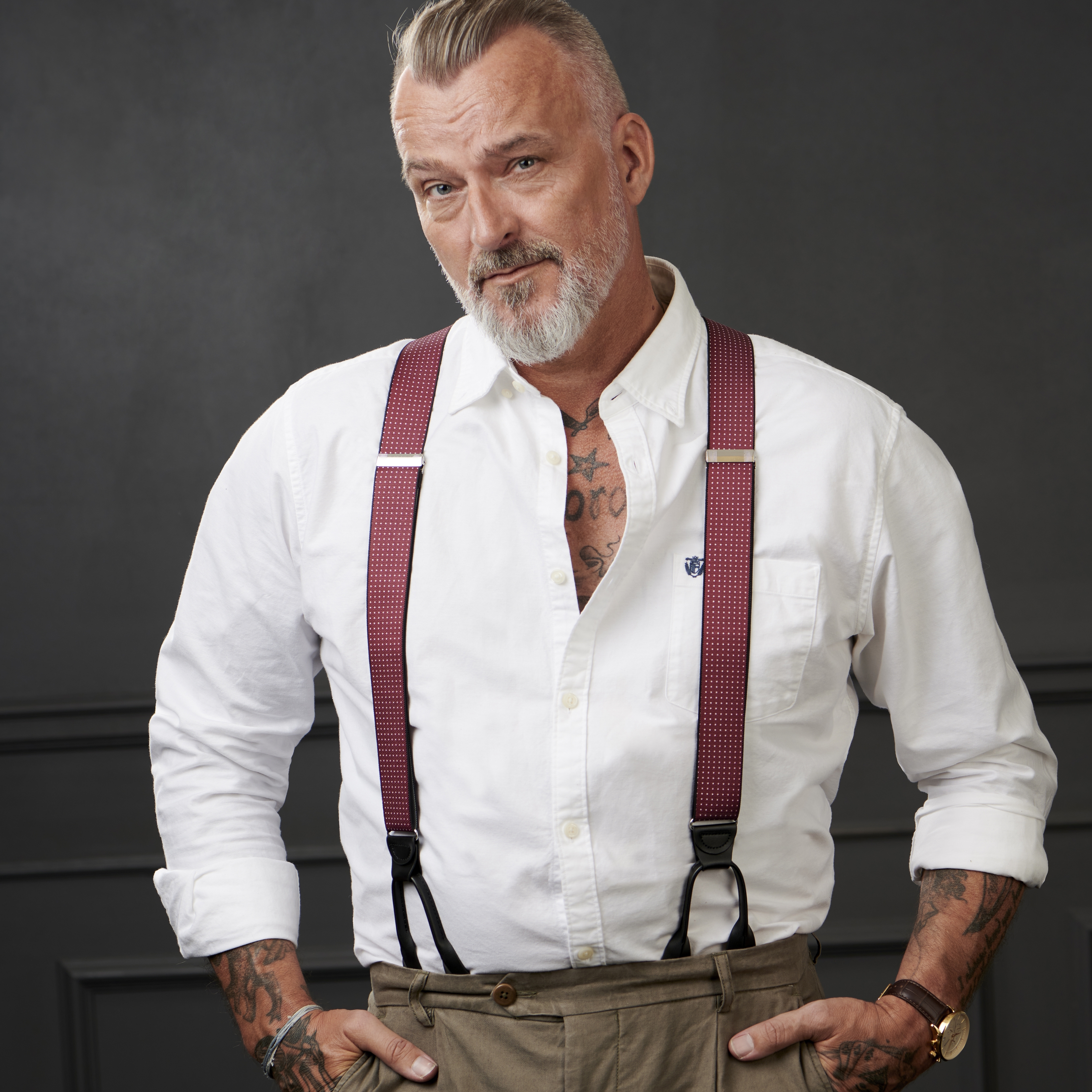 Bretelle larghe bordeaux a pois con fermaglio per bottoni - 6