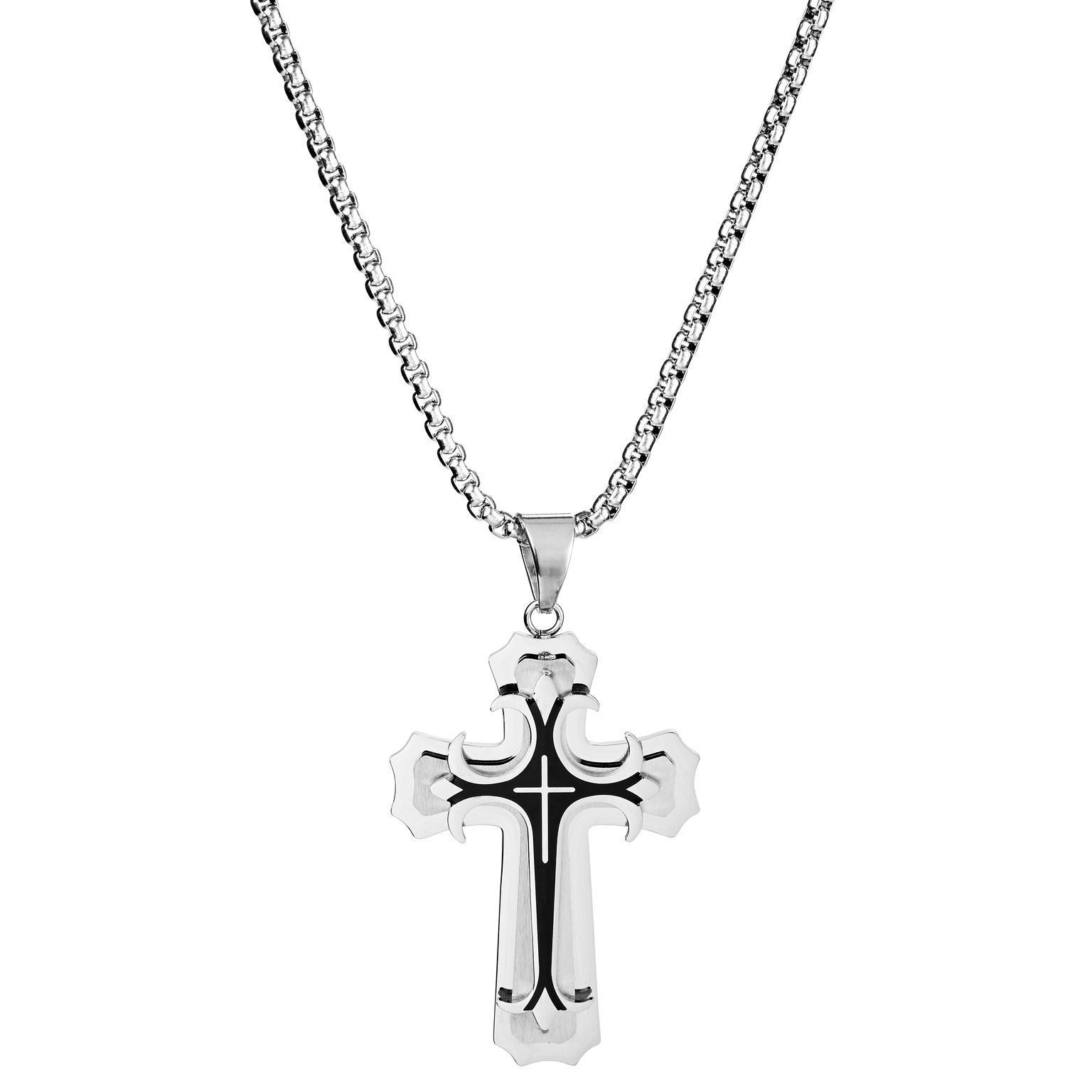 Silver-Tone & Black Stainless Steel Curved Layered Cross Box Chain Necklace Silver-Tone & Black Stainless Steel Curved Layered Cross Box Chain Necklace