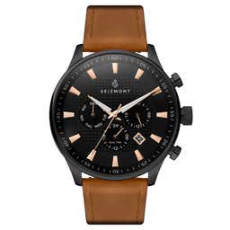 Troika II | Black Dual-Time Watch With Black Dial, Copper Markers & Brown Leather Strap