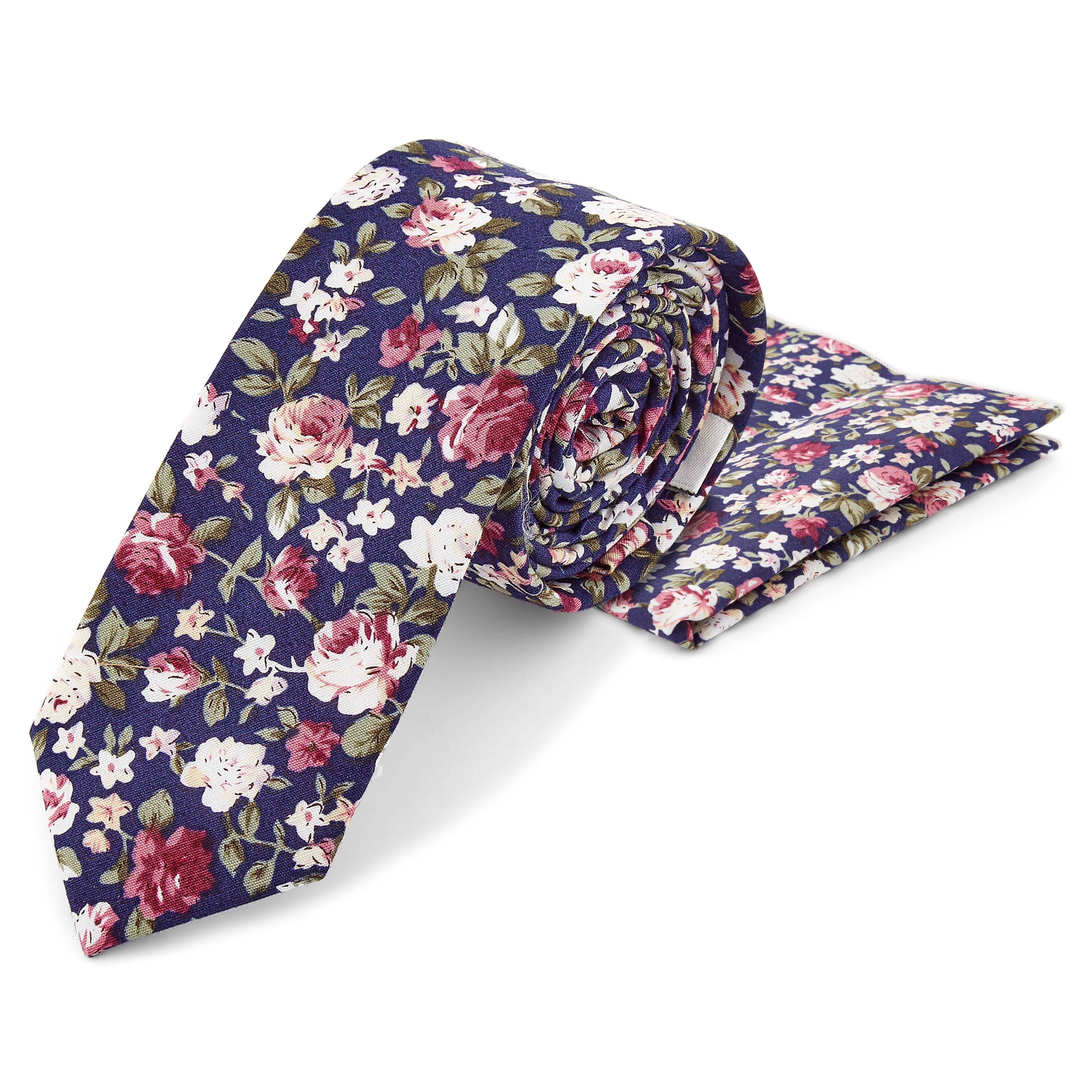 Blue, Pink & Green Floral Print Cotton Necktie & Pocket Square Set