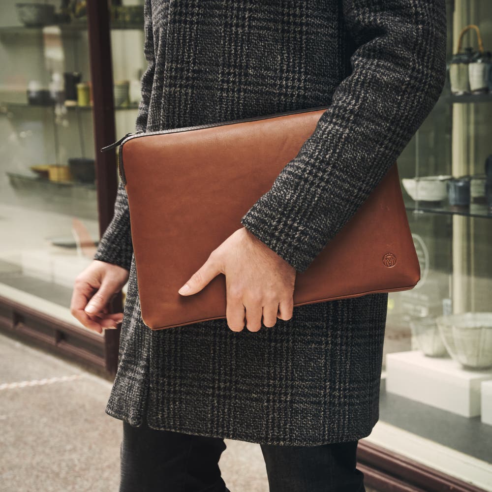 hover: Lou Tan & Dark-Brown Leather Laptop Sleeve hover: Lou Tan & Dark-Brown Leather Laptop Sleeve
