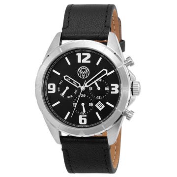 Alton | Silver-Tone Chronograph Watch With Black Dial & Leather Watch Strap