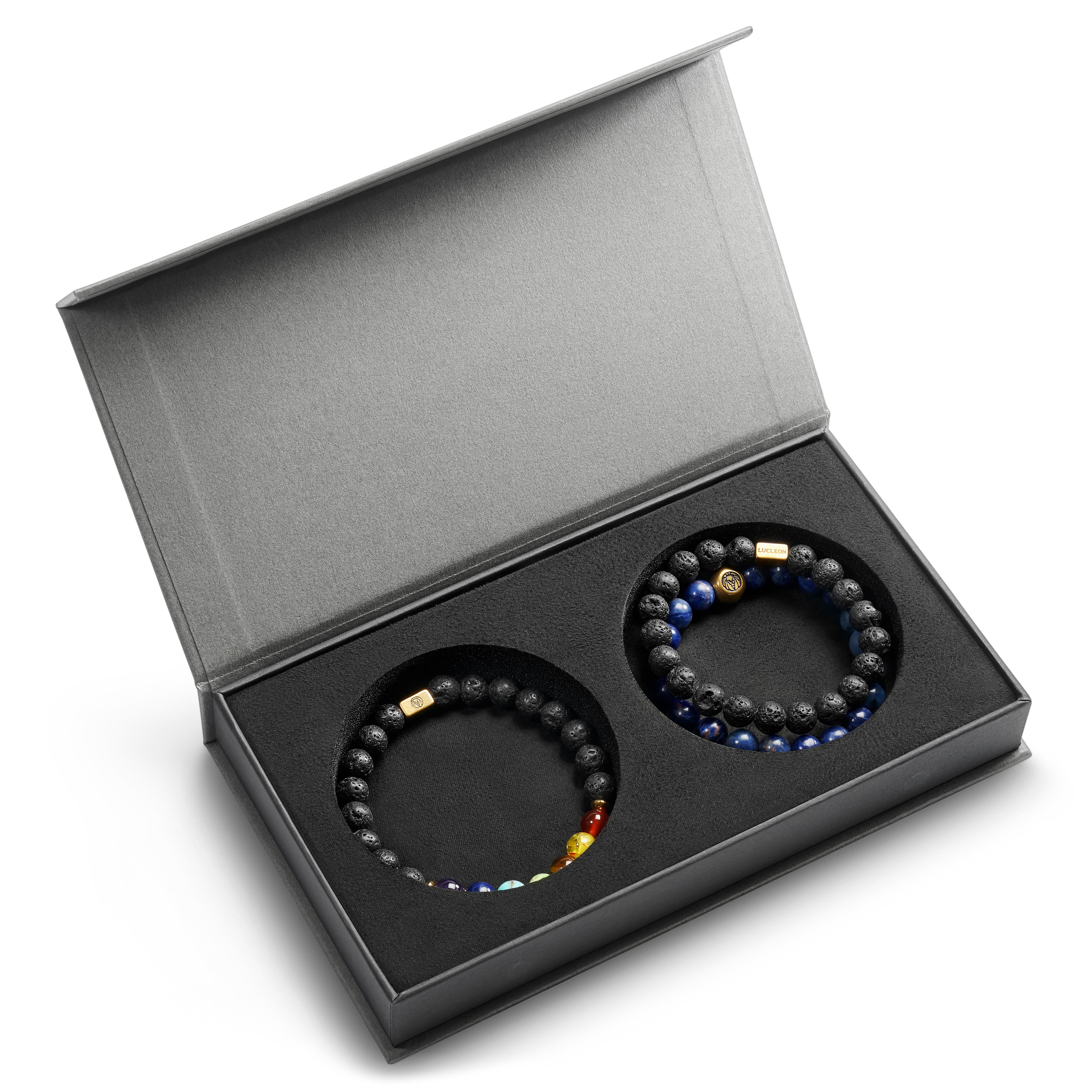 Geschenkbox mit Lavagestein-, Blauachat- und Chakra-Armband Geschenkbox mit Lavagestein-, Blauachat- und Chakra-Armband