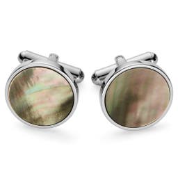 Geo Remix | Round Silver-Tone & Mother of Pearl Stainless Steel Cufflinks