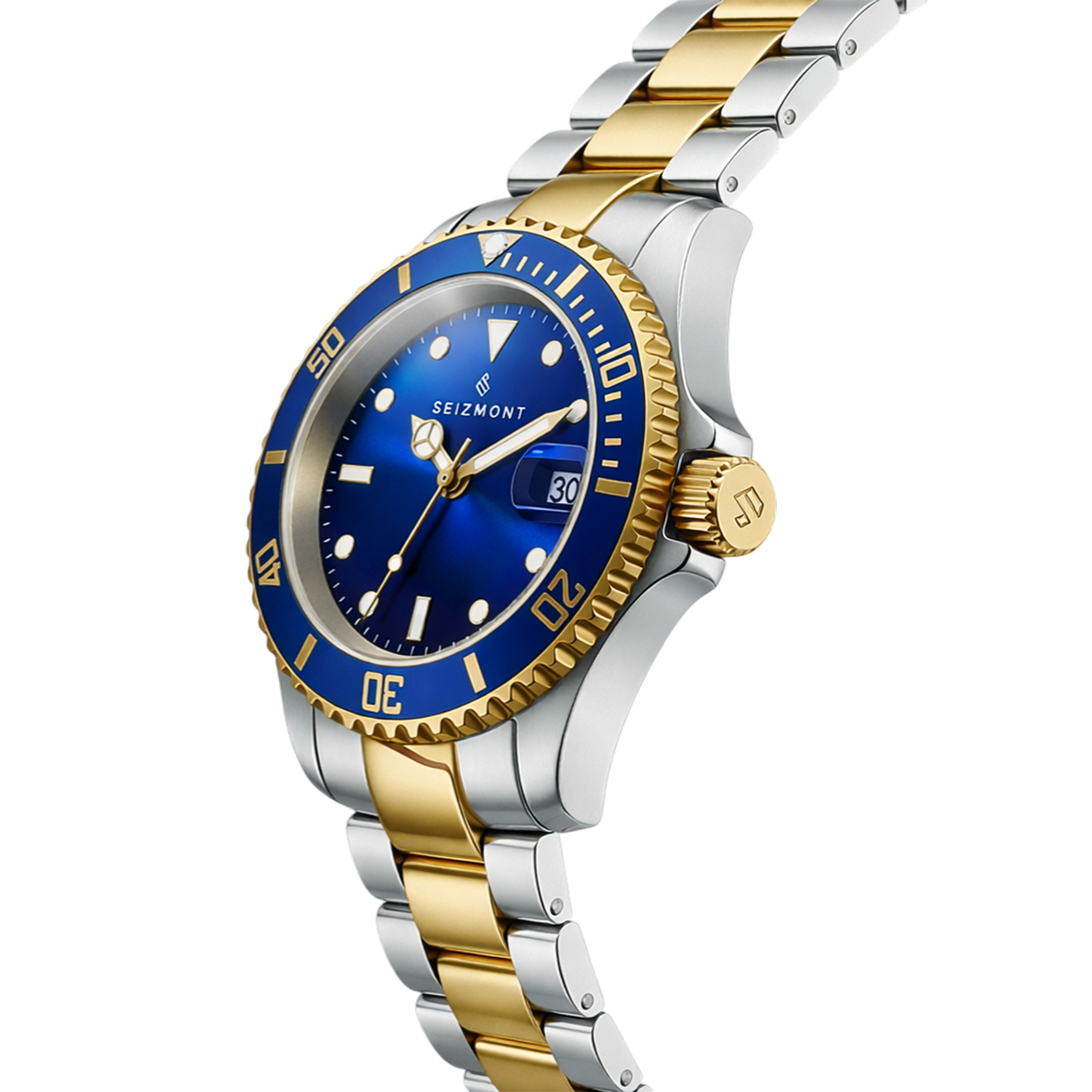 Tide II | シルバー＆ゴールド調 ダイバーズウォッチ（ブルー 文字盤 / サイクロップレンズ） - 2