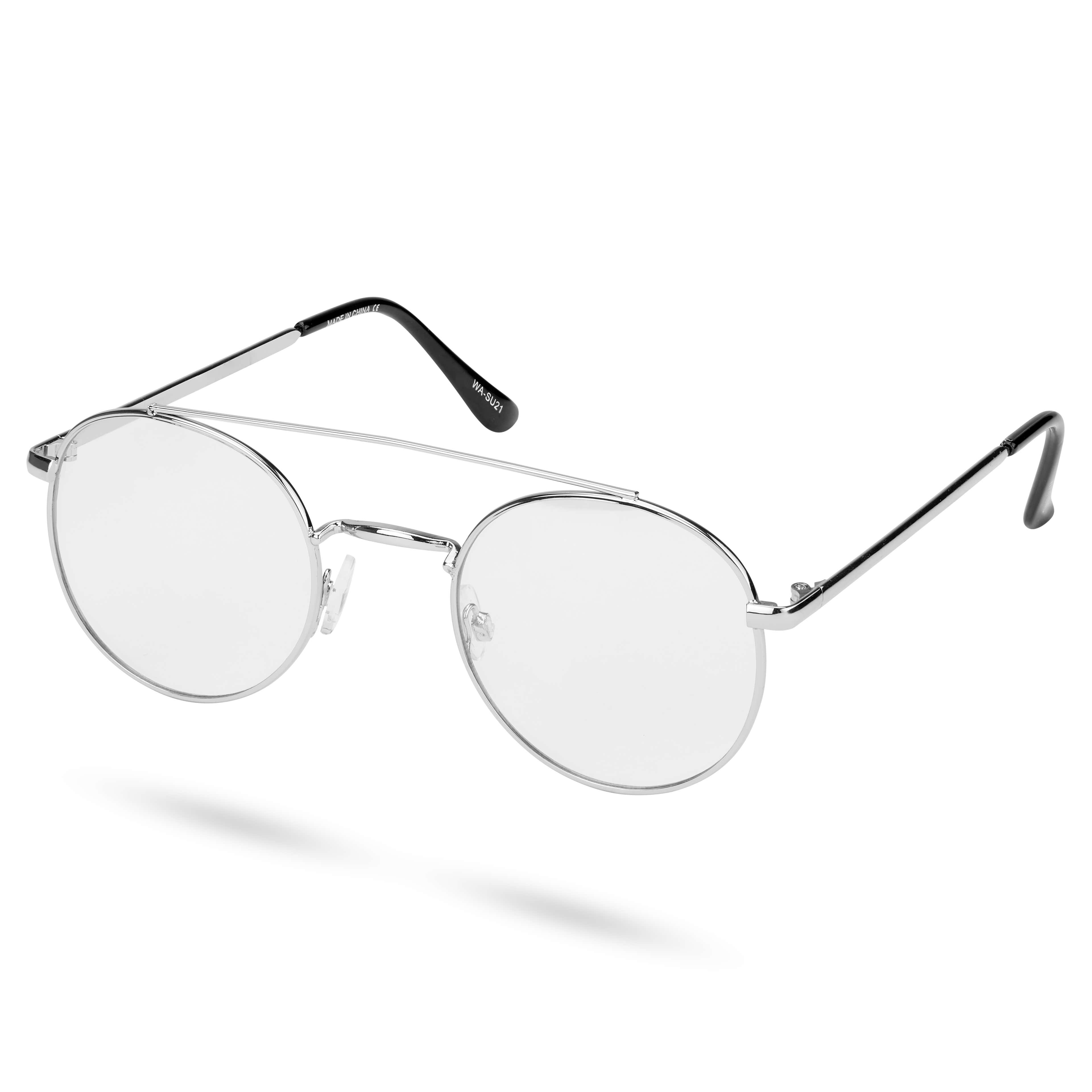 Ambit Silver-Tone Round Aviator Clear Lens Glasses 